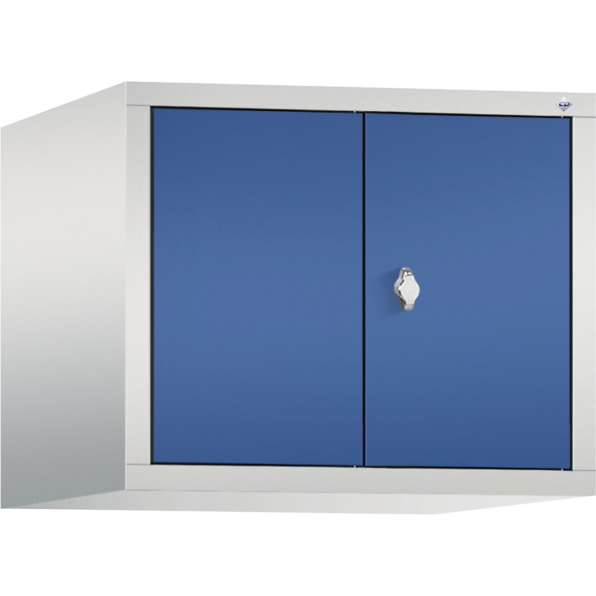 C+P – Altillo CLASSIC, puertas batientes que cierran al ras entre sí, 2 compartimentos, anchura de compartimento 300 mm, gris luminoso / azul genciana