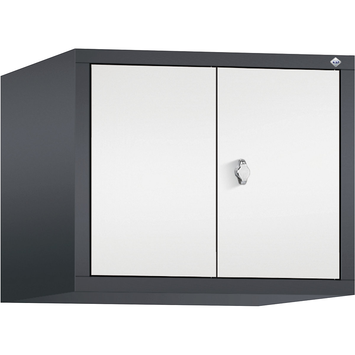 C+P – Altillo CLASSIC, puertas batientes que cierran al ras entre sí, 2 compartimentos, anchura de compartimento 300 mm, gris negruzco / blanco tráfico