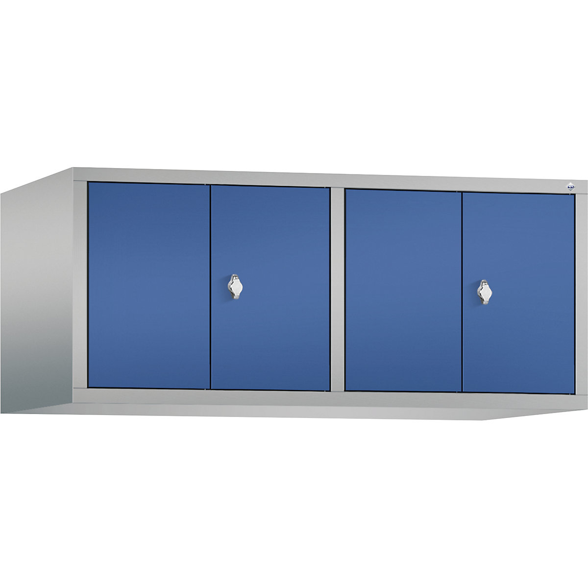 C+P – Altillo CLASSIC, puertas batientes que cierran al ras entre sí, 4 compartimentos, anchura de compartimento 300 mm, aluminio blanco / azul genciana