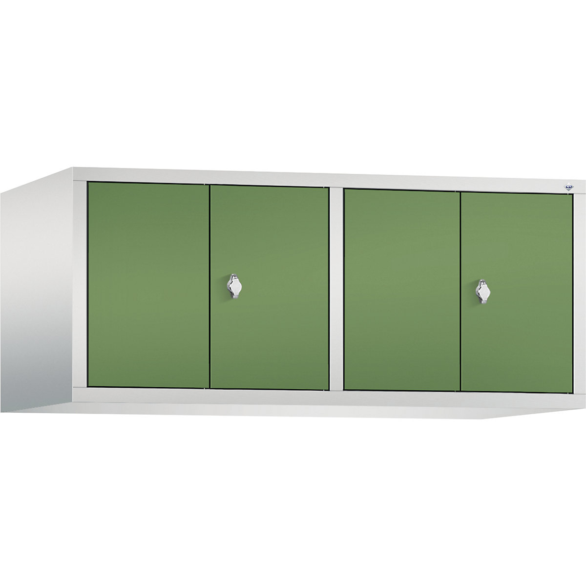 Altillo CLASSIC, puertas batientes que cierran al ras entre sí – C+P, 4 compartimentos, anchura de compartimento 300 mm, gris luminoso / verde reseda