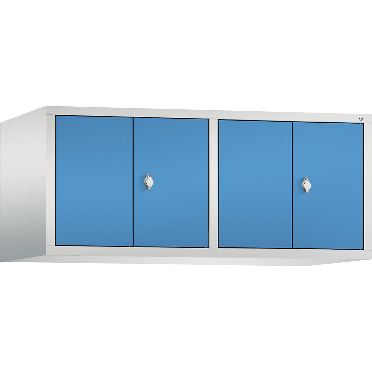 C+P – Altillo CLASSIC, puertas batientes que cierran al ras entre sí, 4 compartimentos, anchura de compartimento 300 mm, gris luminoso / azul luminoso