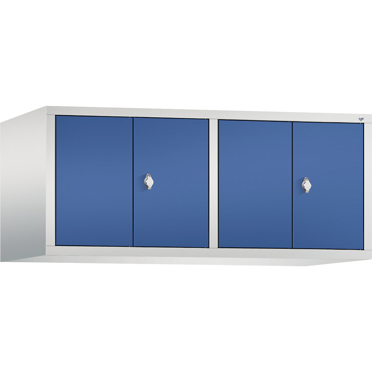 C+P – Altillo CLASSIC, puertas batientes que cierran al ras entre sí, 4 compartimentos, anchura de compartimento 300 mm, gris luminoso / azul genciana