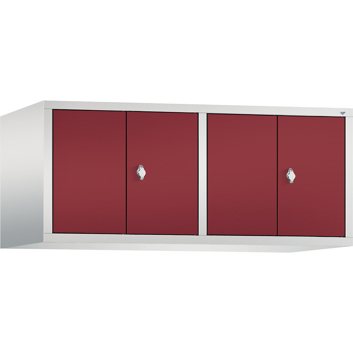 Altillo CLASSIC, puertas batientes que cierran al ras entre sí – C+P, 4 compartimentos, anchura de compartimento 300 mm, gris luminoso / rojo rubí