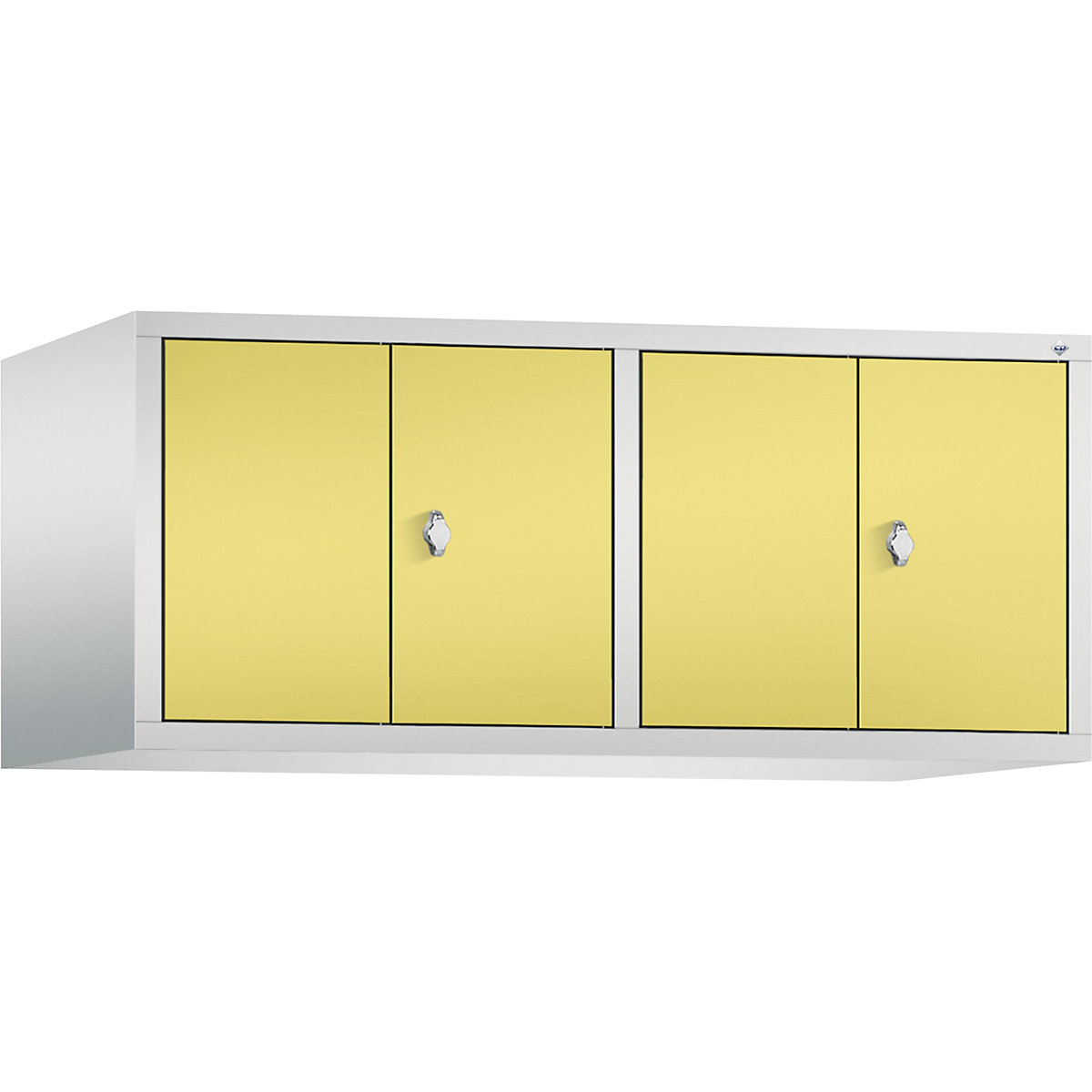 Altillo CLASSIC, puertas batientes que cierran al ras entre sí – C+P, 4 compartimentos, anchura de compartimento 300 mm, gris luminoso / amarillo azufre