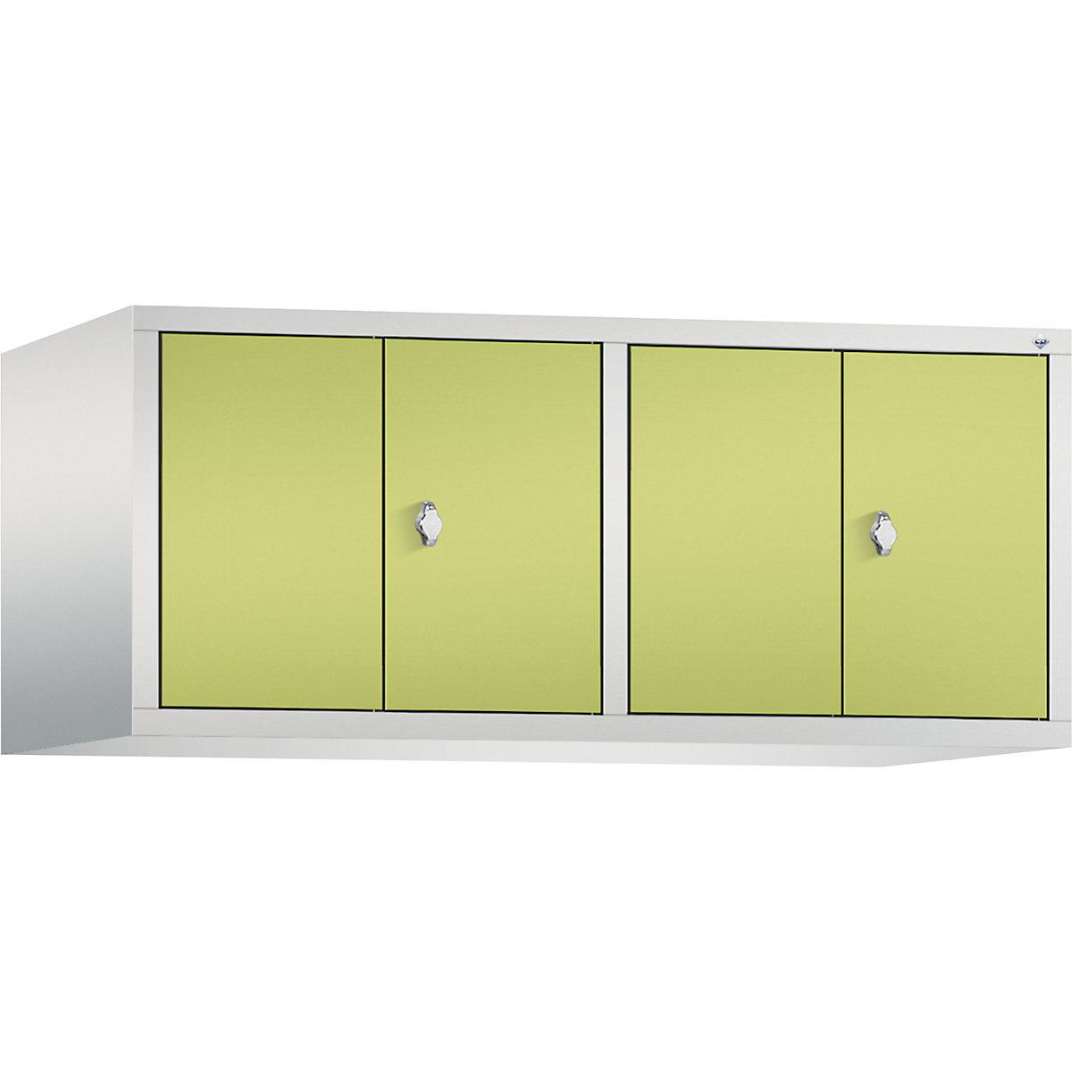 Altillo CLASSIC, puertas batientes que cierran al ras entre sí – C+P, 4 compartimentos, anchura de compartimento 300 mm, gris luminoso / verde pistacho