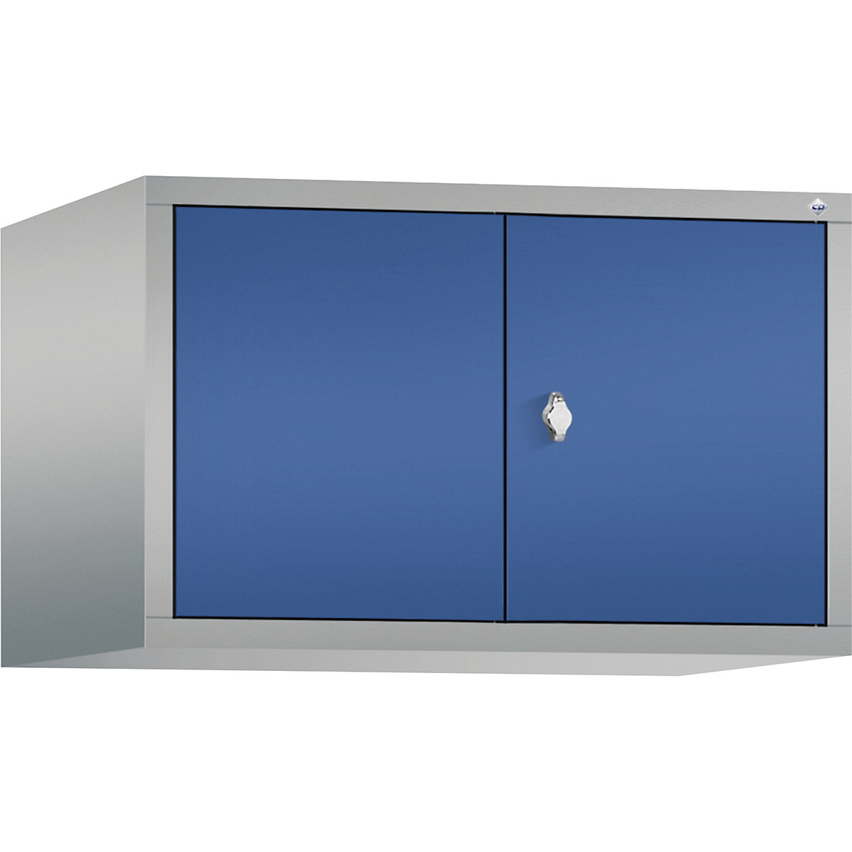 C+P – Altillo CLASSIC, puertas batientes que cierran al ras entre sí, 2 compartimentos, anchura de compartimento 400 mm, aluminio blanco / azul genciana