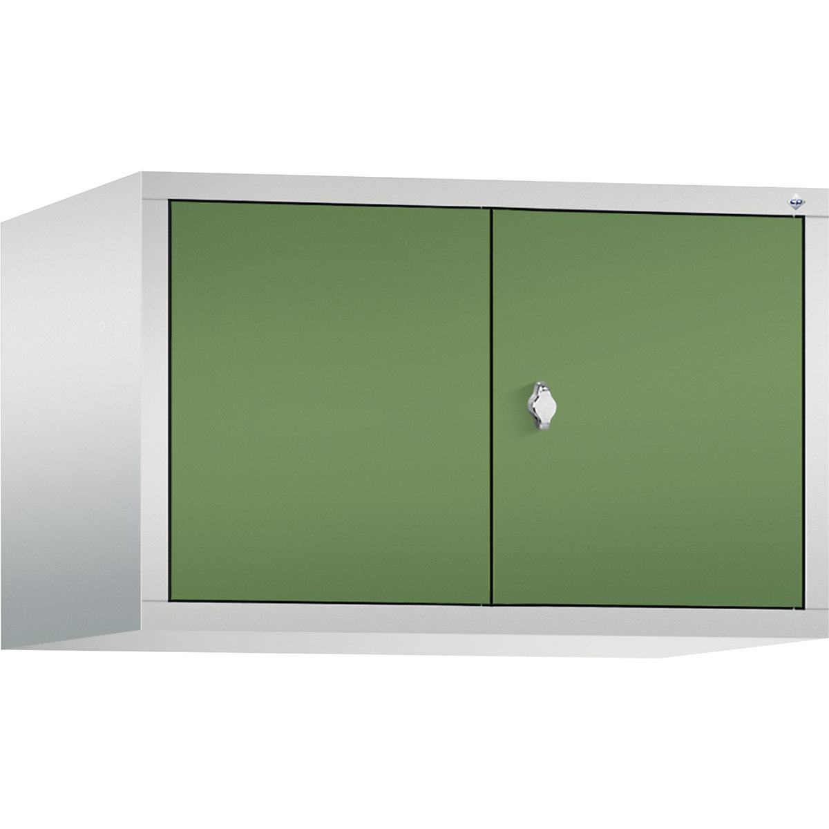 C+P – Altillo CLASSIC, puertas batientes que cierran al ras entre sí, 2 compartimentos, anchura de compartimento 400 mm, gris luminoso / verde reseda