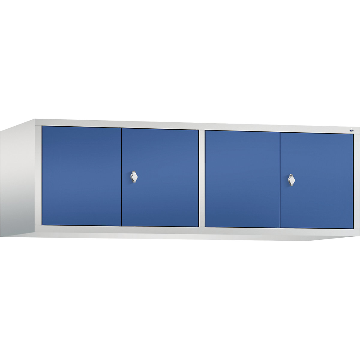 C+P – Altillo CLASSIC, puertas batientes que cierran al ras entre sí, 4 compartimentos, anchura de compartimento 400 mm, gris luminoso / azul genciana