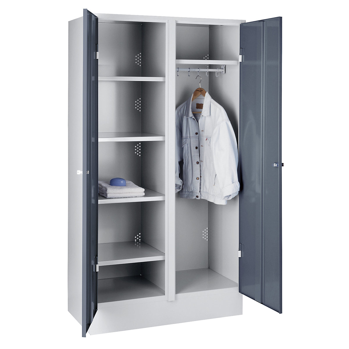 Armario de acero – Wolf, armario de almacén, puertas en gris azulado RAL 7031, cuerpo en gris luminoso RAL 7035-5
