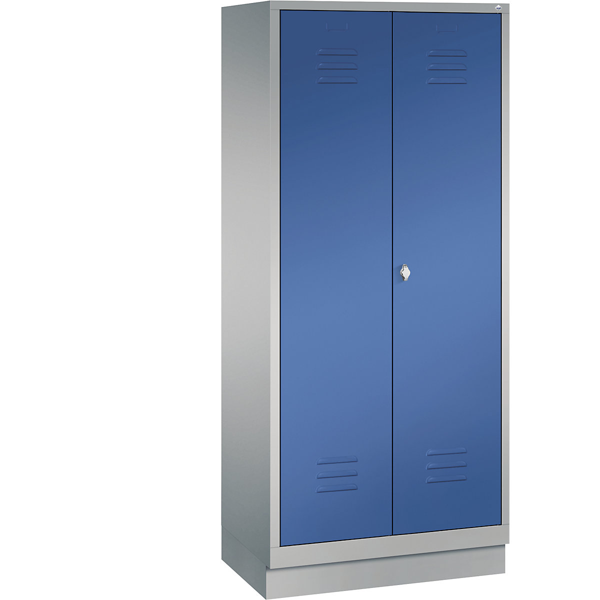 Armario de almacenamiento CLASSIC con zócalo y puertas batientes que cierran al ras entre sí – C+P, 2 compartimentos, anchura de compartimento 400 mm, aluminio blanco / azul genciana-12
