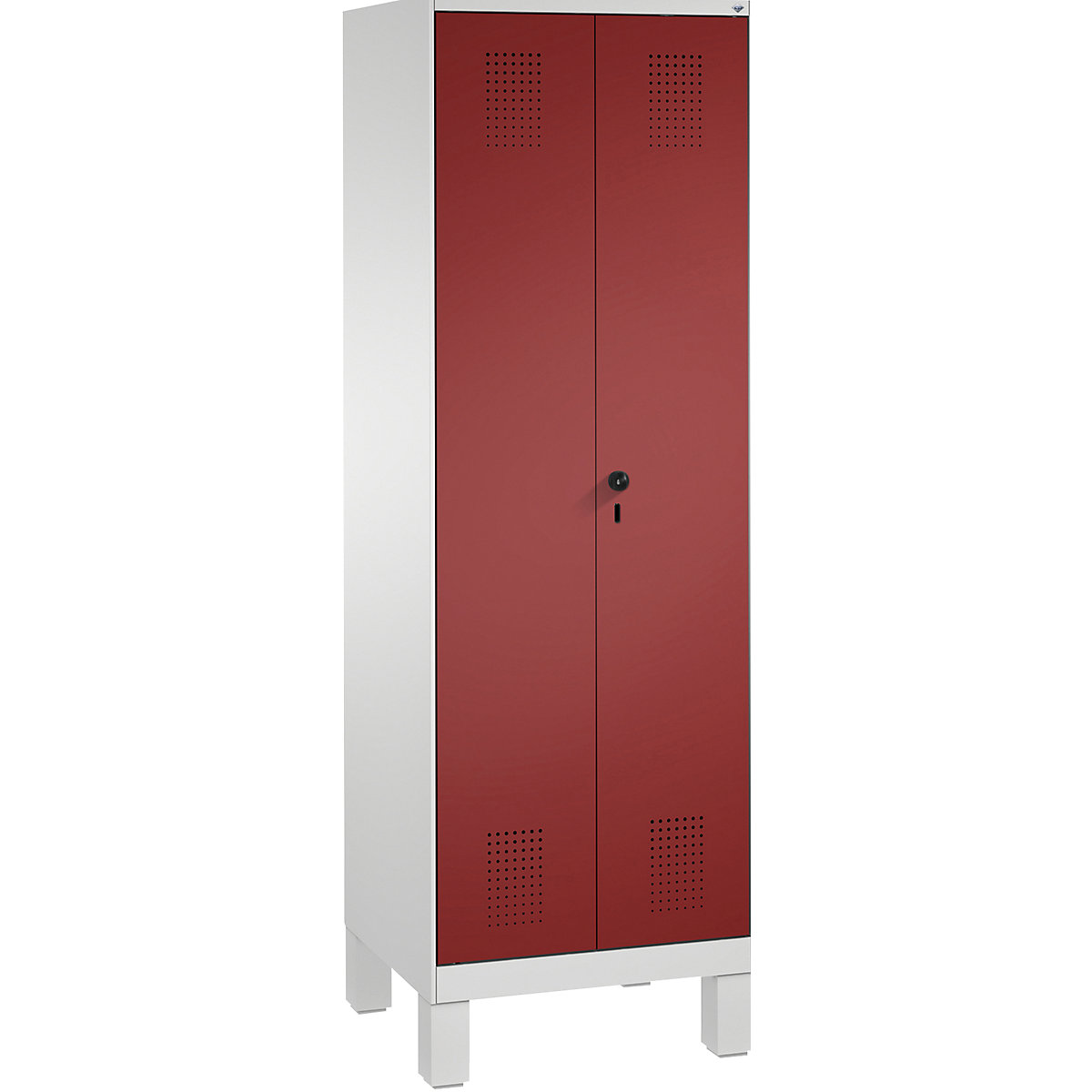 Armario de almacenamiento EVOLO, puertas batientes que cierran al ras entre sí, con patas – C+P, 2 compartimentos, 8 baldas, anchura de compartimento 300 mm, gris luminoso / rojo rubí-4