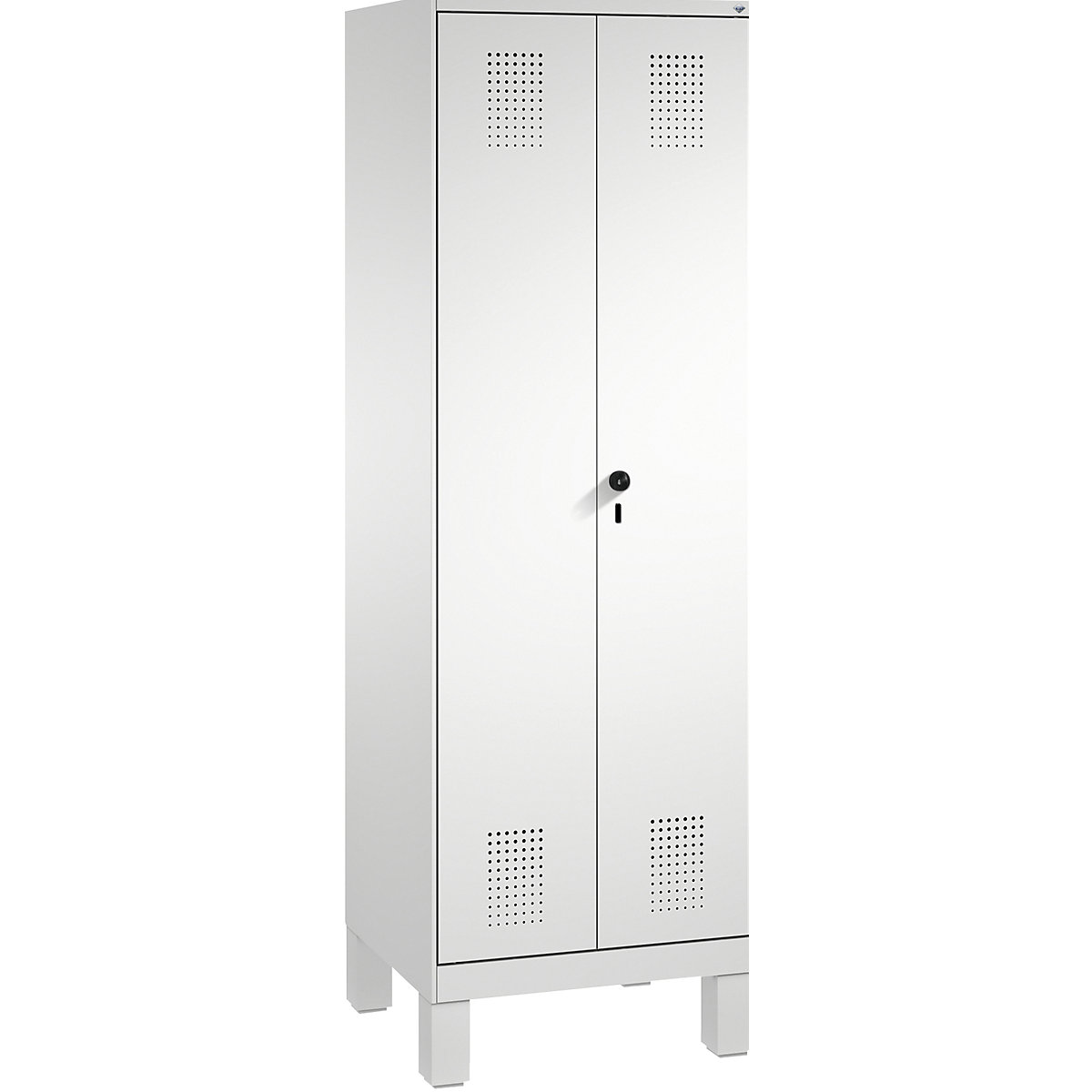 Armario de almacenamiento EVOLO, puertas batientes que cierran al ras entre sí, con patas – C+P, 1 compartimento, anchura 600 mm, con 4 baldas, gris luminoso-2