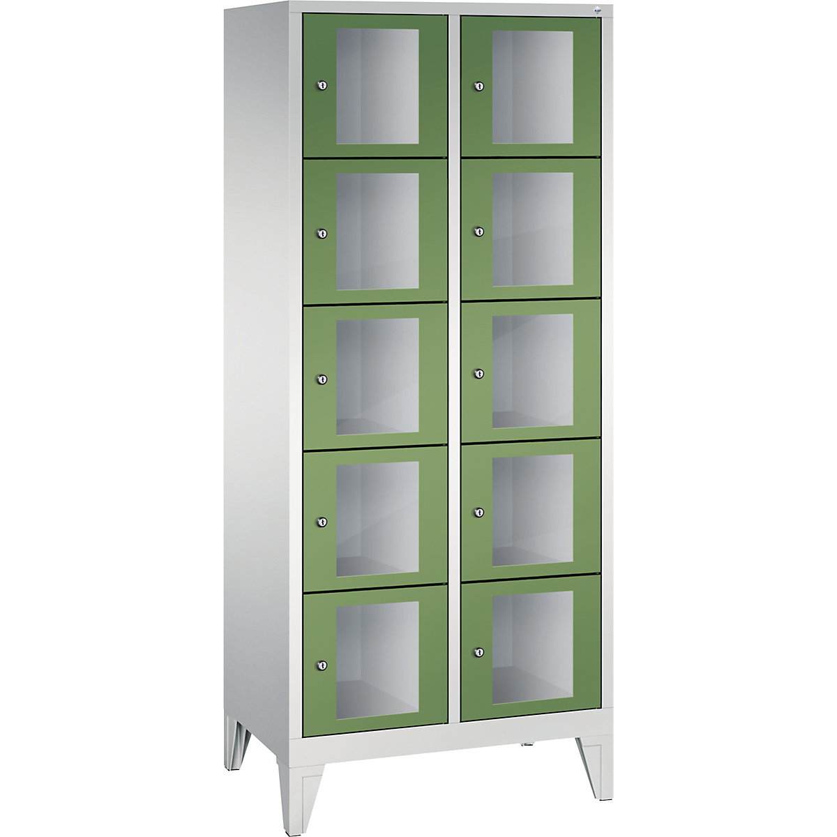 C+P – Armario de compartimentos CLASSIC, altura de compartimento 295 mm, con patas, 10 compartimentos, 810 mm de anchura, puerta en verde reseda