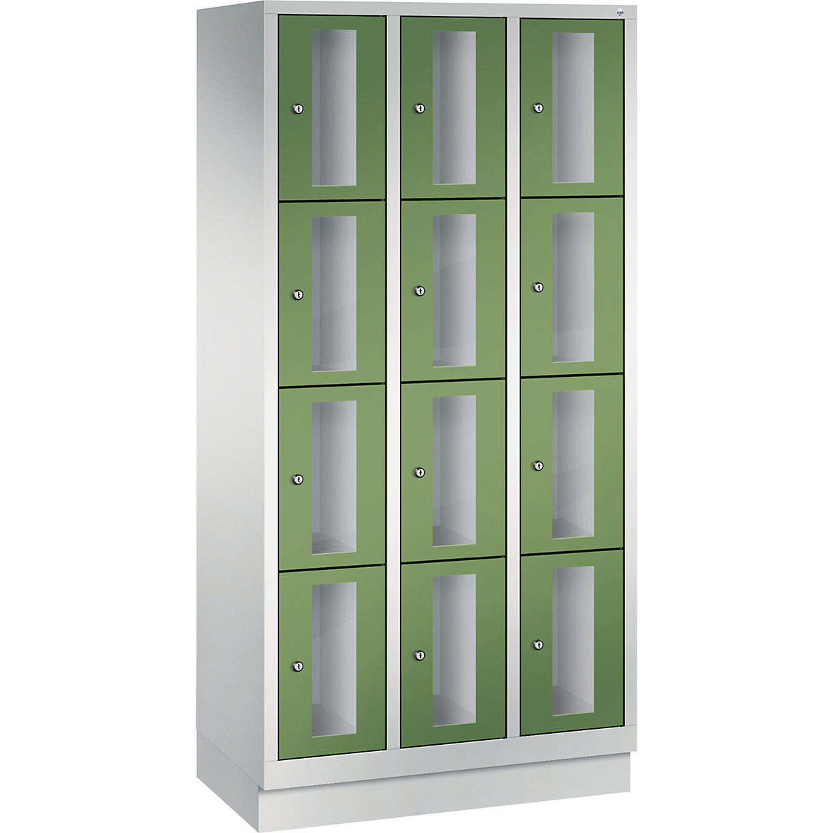 C+P – Armario de compartimentos CLASSIC, altura de compartimento 375 mm, con zócalo, 12 compartimentos, 900 mm de anchura, puerta en verde reseda