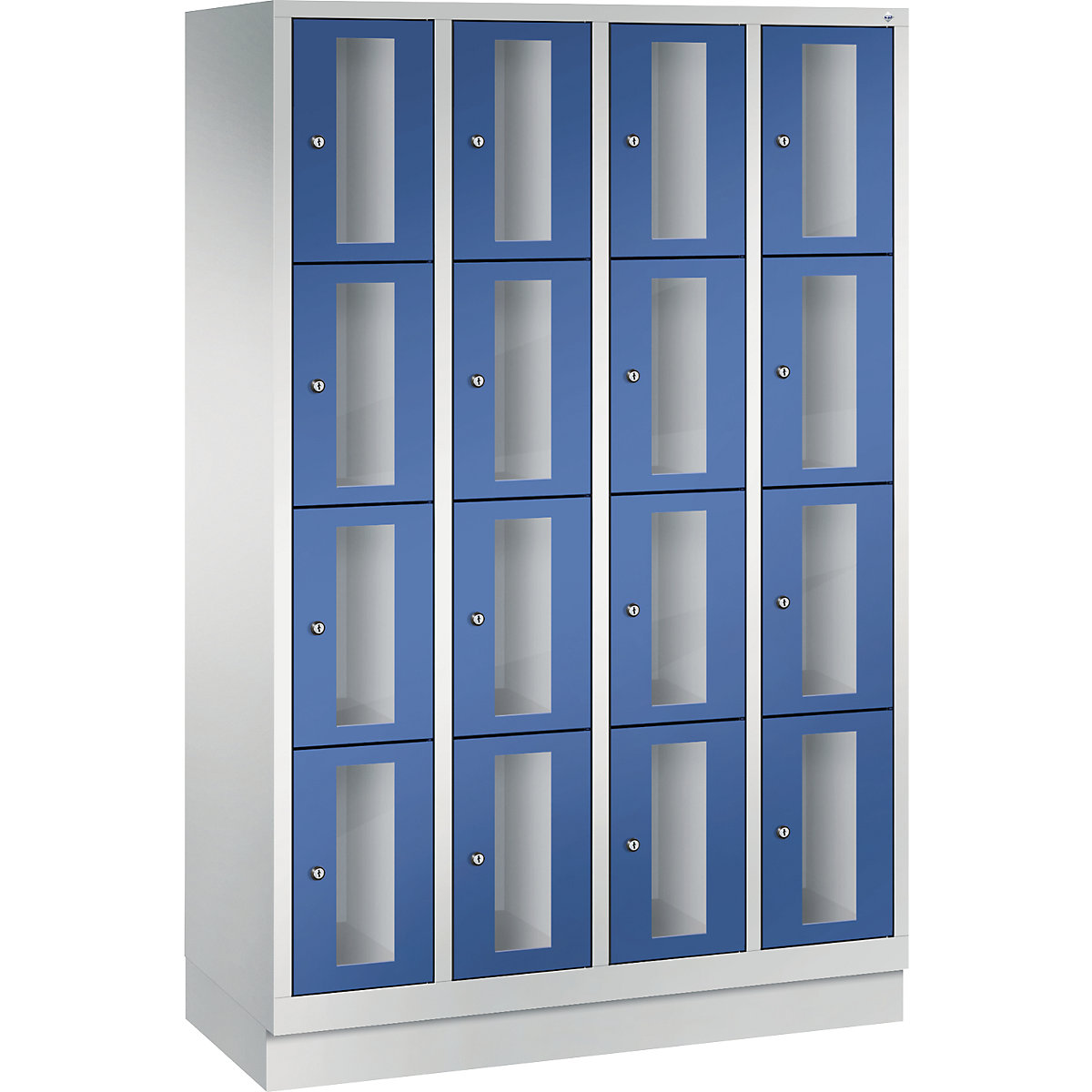 C+P – Armario de compartimentos CLASSIC, altura de compartimento 375 mm, con zócalo, 16 compartimentos, 1190 mm de anchura, puerta en azul genciana