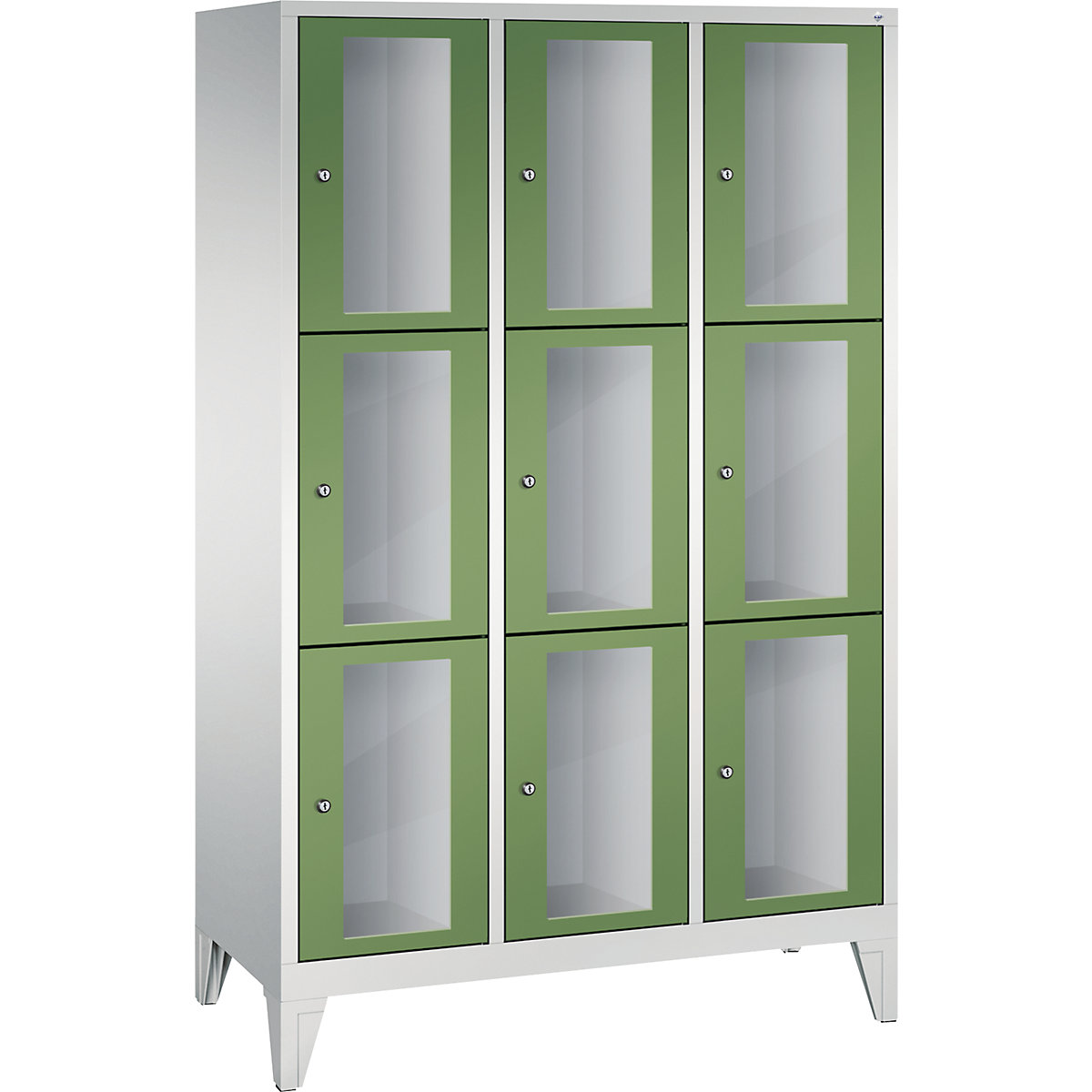 C+P – Armario de compartimentos CLASSIC, altura de compartimento 510 mm, con patas, 9 compartimentos de 1200 mm de anchura, puerta en verde reseda