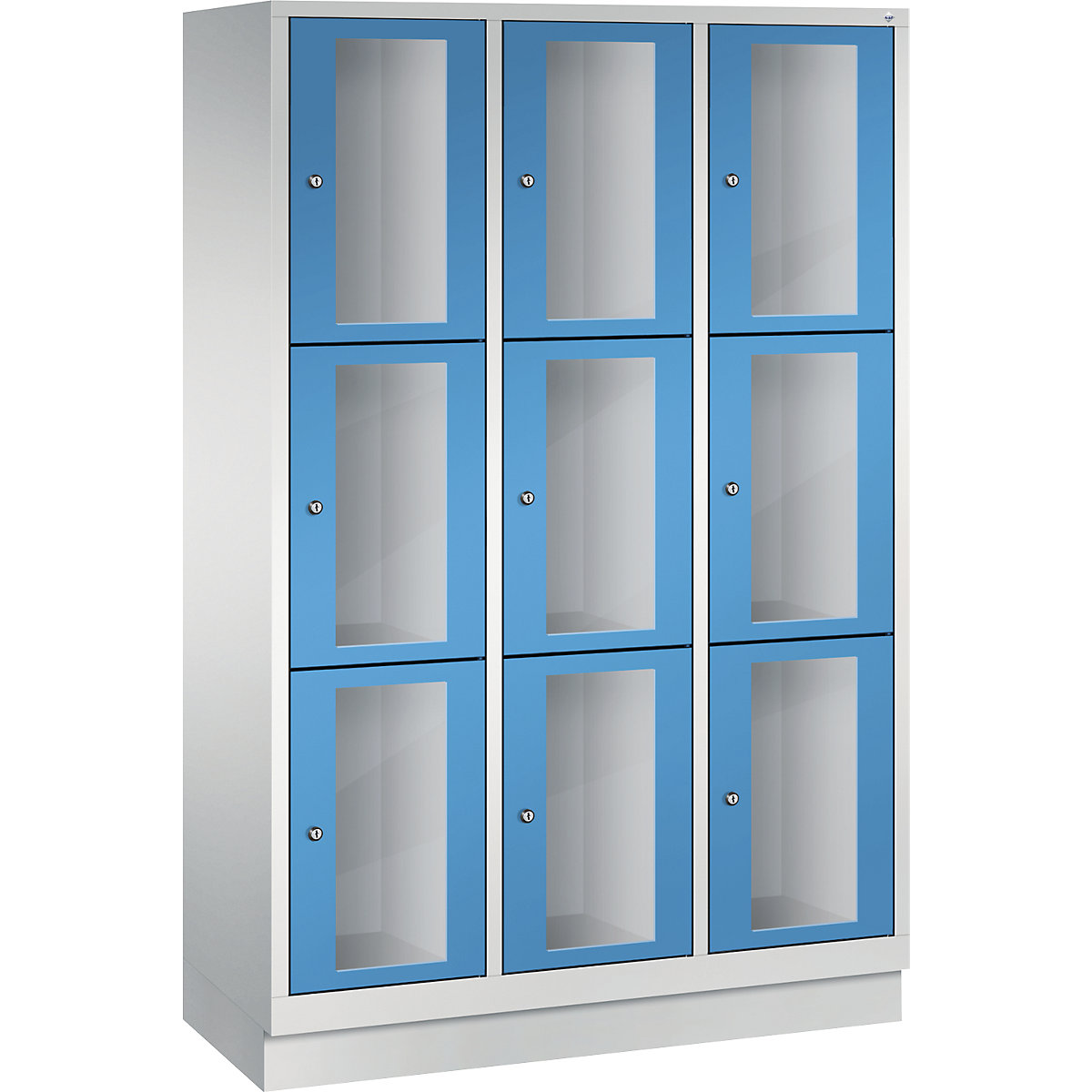 C+P – Armario de compartimentos CLASSIC, altura de compartimento 510 mm, con zócalo, 9 compartimentos de 1200 mm de anchura, puerta en azul luminoso