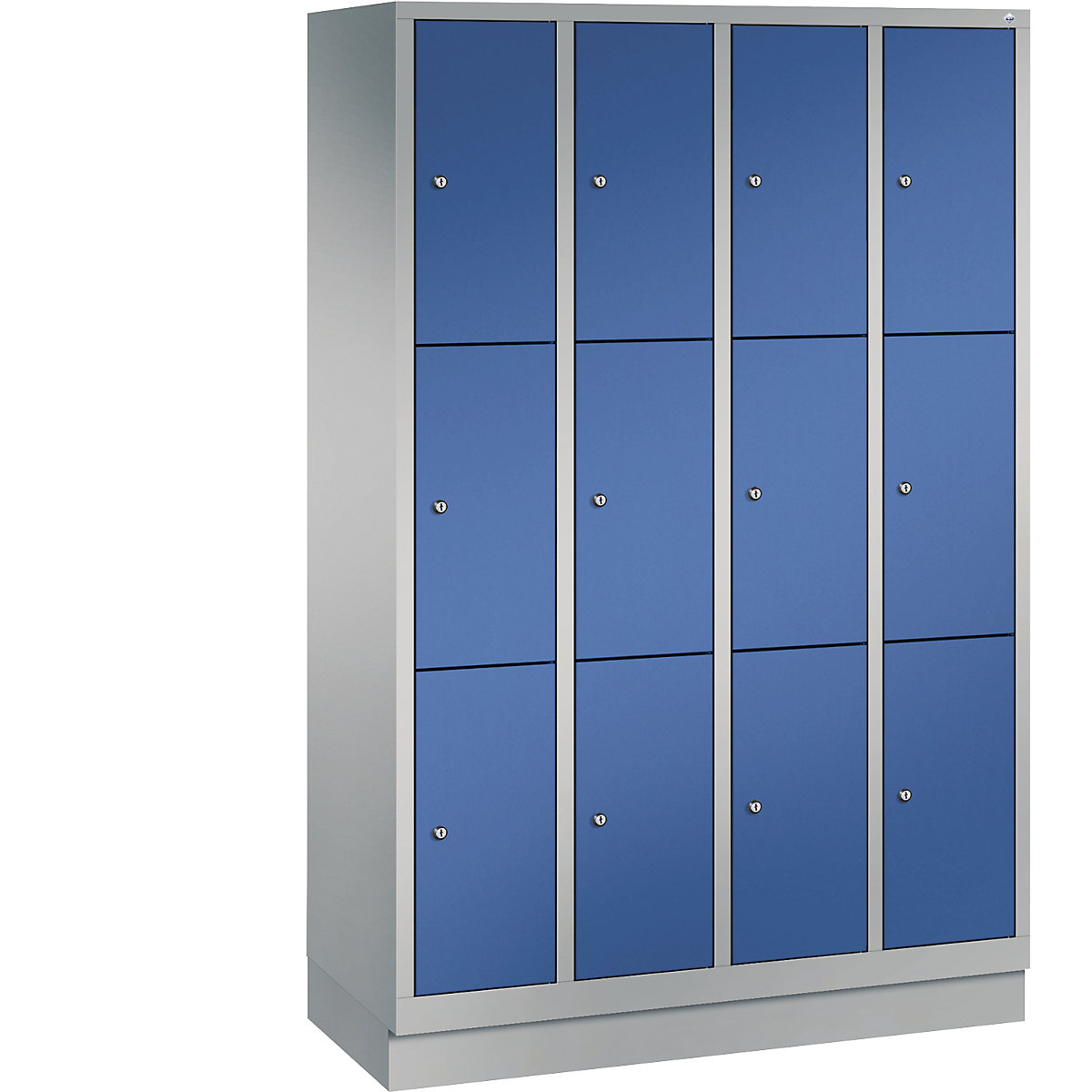 Armario de compartimentos CLASSIC con zócalo – C+P, 4 módulos, cada uno con 3 compartimentos, anchura de módulo 300 mm, aluminio blanco / azul genciana-10