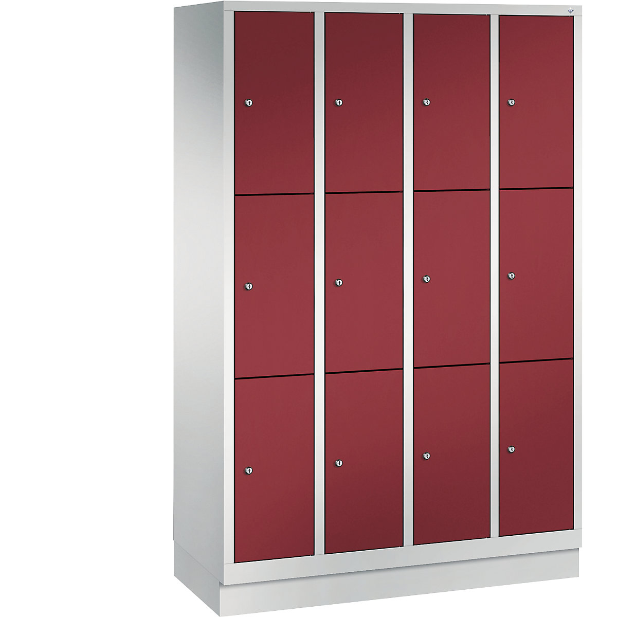 Armario de compartimentos CLASSIC con zócalo – C+P, 4 módulos, cada uno con 3 compartimentos, anchura de módulo 300 mm, gris luminoso / rojo rubí-3