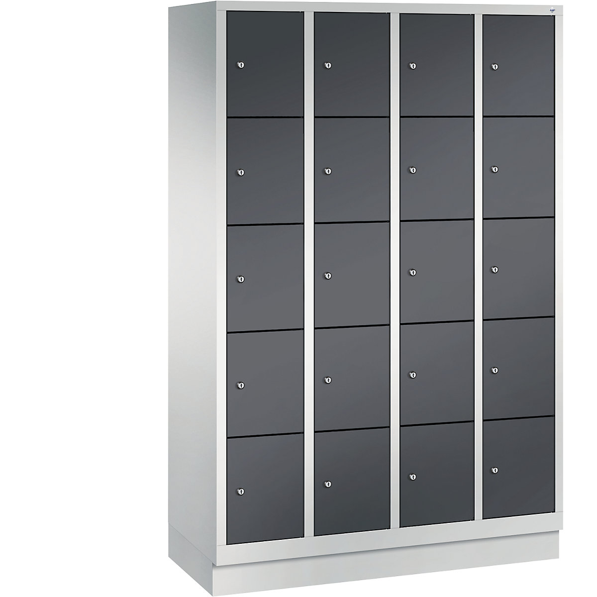 C+P – Armario de compartimentos CLASSIC con zócalo, 4 módulos, cada uno con 5 compartimentos, anchura de módulo 300 mm, gris luminoso / gris negruzco