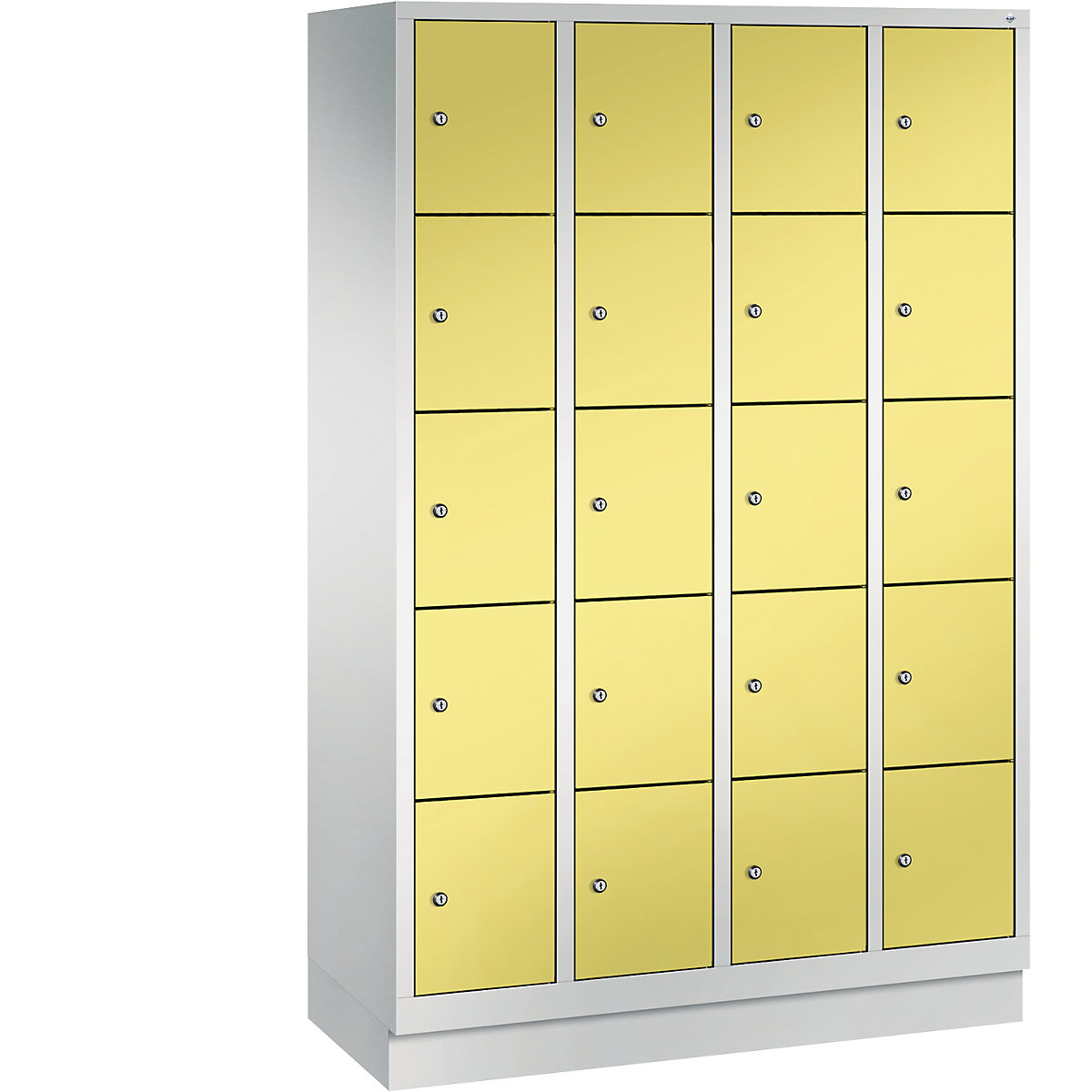 C+P – Armario de compartimentos CLASSIC con zócalo, 4 módulos, cada uno con 5 compartimentos, anchura de módulo 300 mm, gris luminoso / amarillo azufre