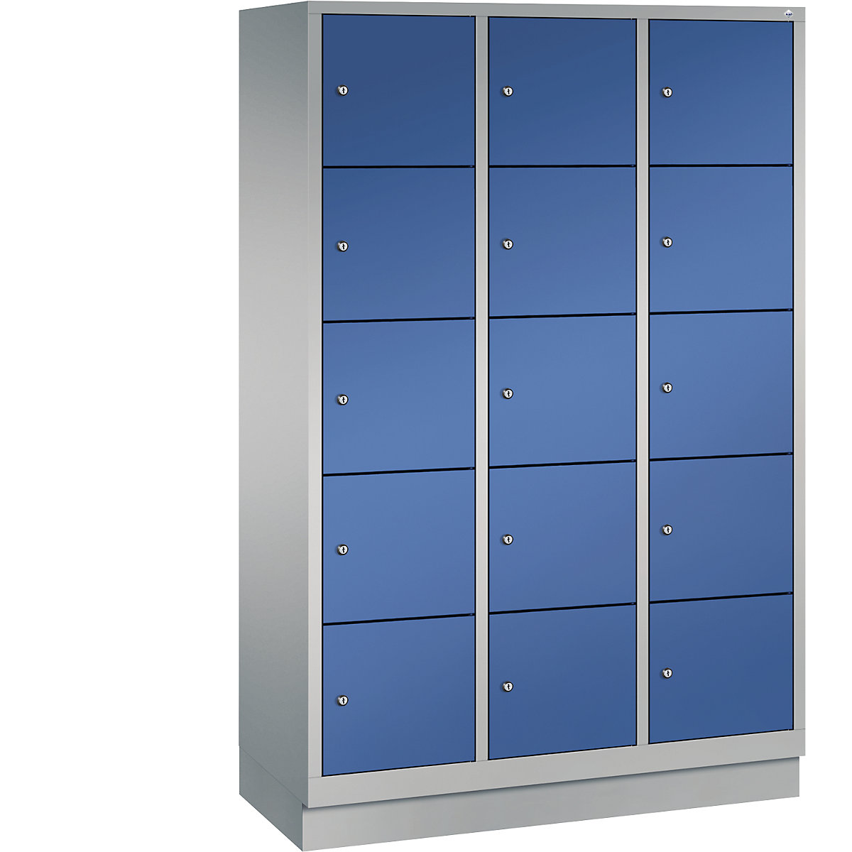 C+P – Armario de compartimentos CLASSIC con zócalo, 3 módulos, cada uno con 5 compartimentos, anchura de módulo 400 mm, aluminio blanco / azul genciana