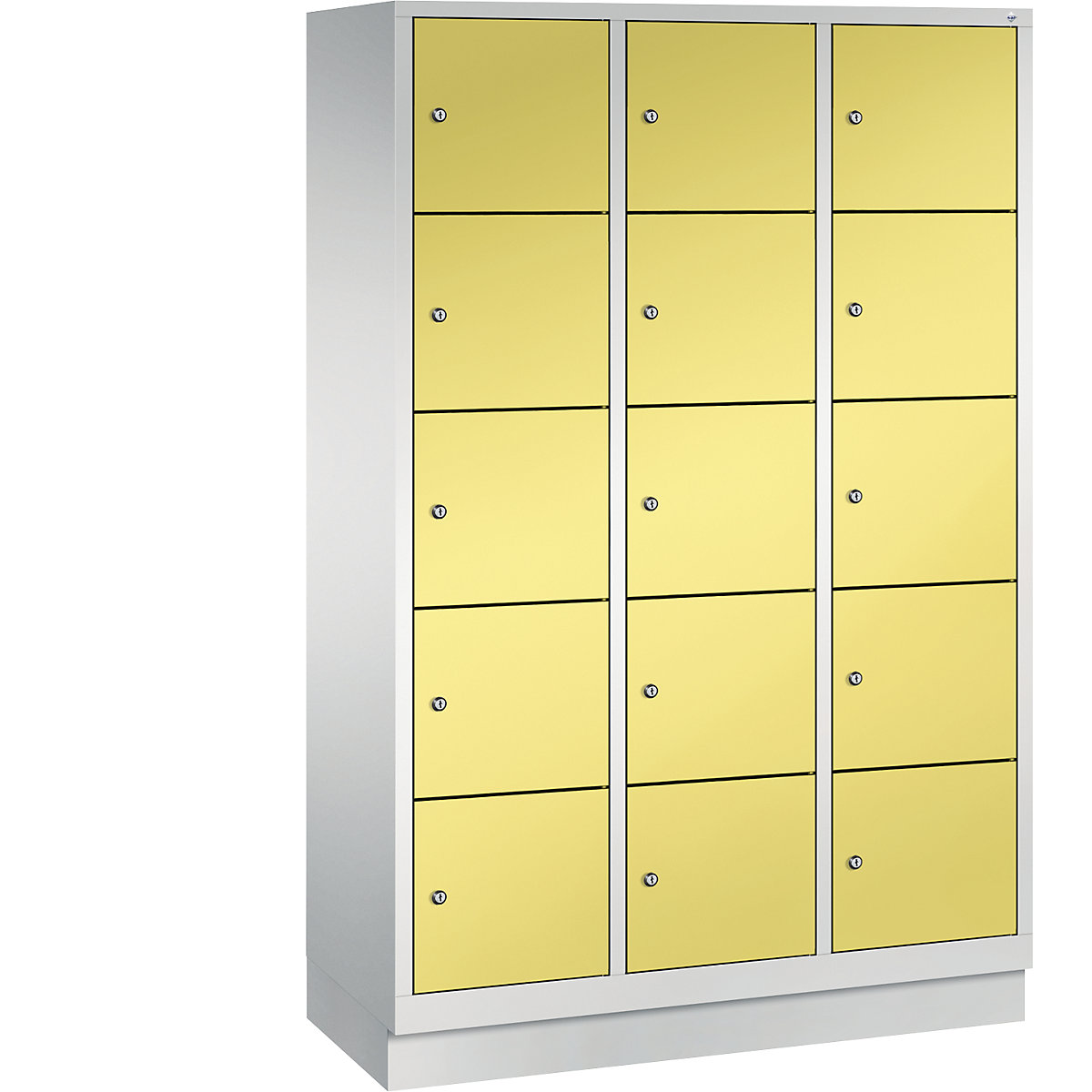C+P – Armario de compartimentos CLASSIC con zócalo, 3 módulos, cada uno con 5 compartimentos, anchura de módulo 400 mm, gris luminoso / amarillo azufre