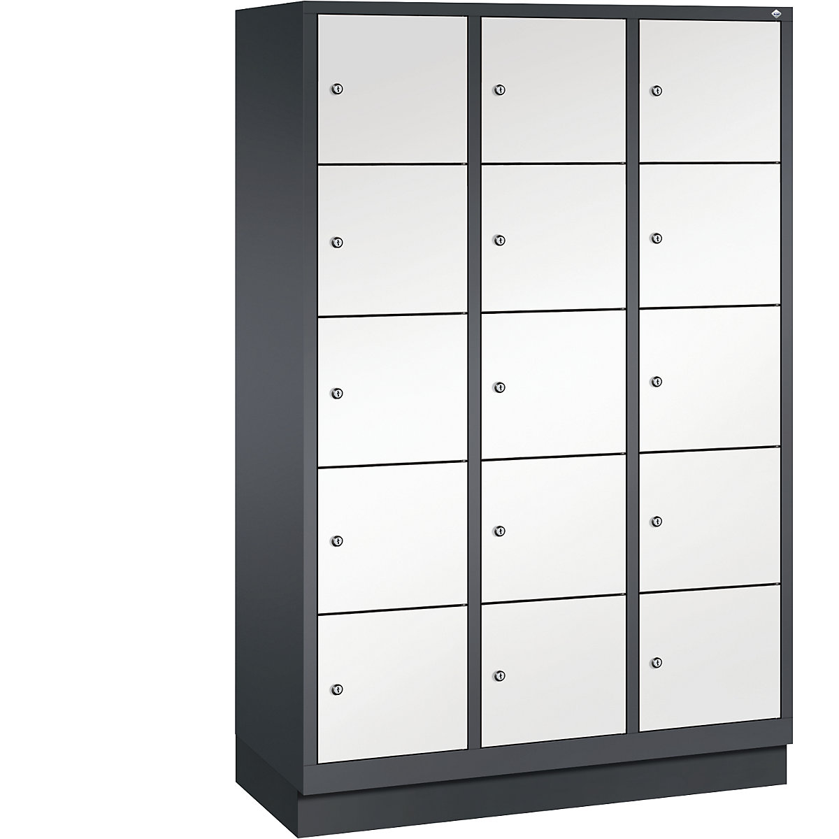 C+P – Armario de compartimentos CLASSIC con zócalo, 3 módulos, cada uno con 5 compartimentos, anchura de módulo 400 mm, gris negruzco / blanco tráfico