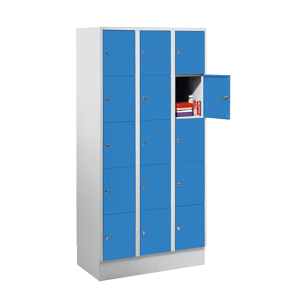 Armario de compartimentos bajo llave – Wolf, con zócalo, 15 compartimentos, 300 mm, gris luminoso / azul luminoso-5