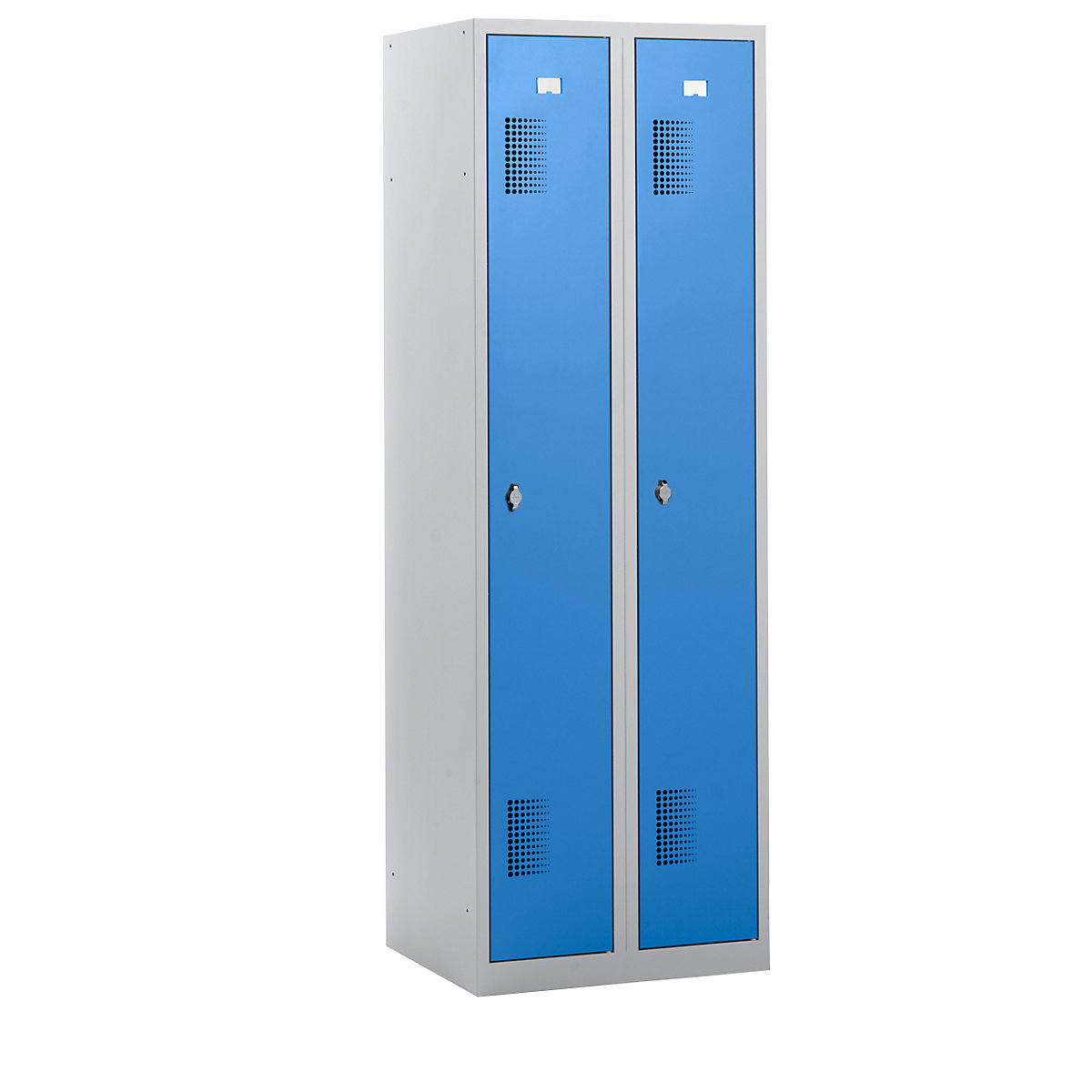 Armario guardarropa AMSTERDAM – eurokraft basic, altura 1800 mm, anchura 600 mm, 2 compartimentos de 298 mm, con dispositivo para candado, cuerpo en gris luminoso / puertas en azul luminoso