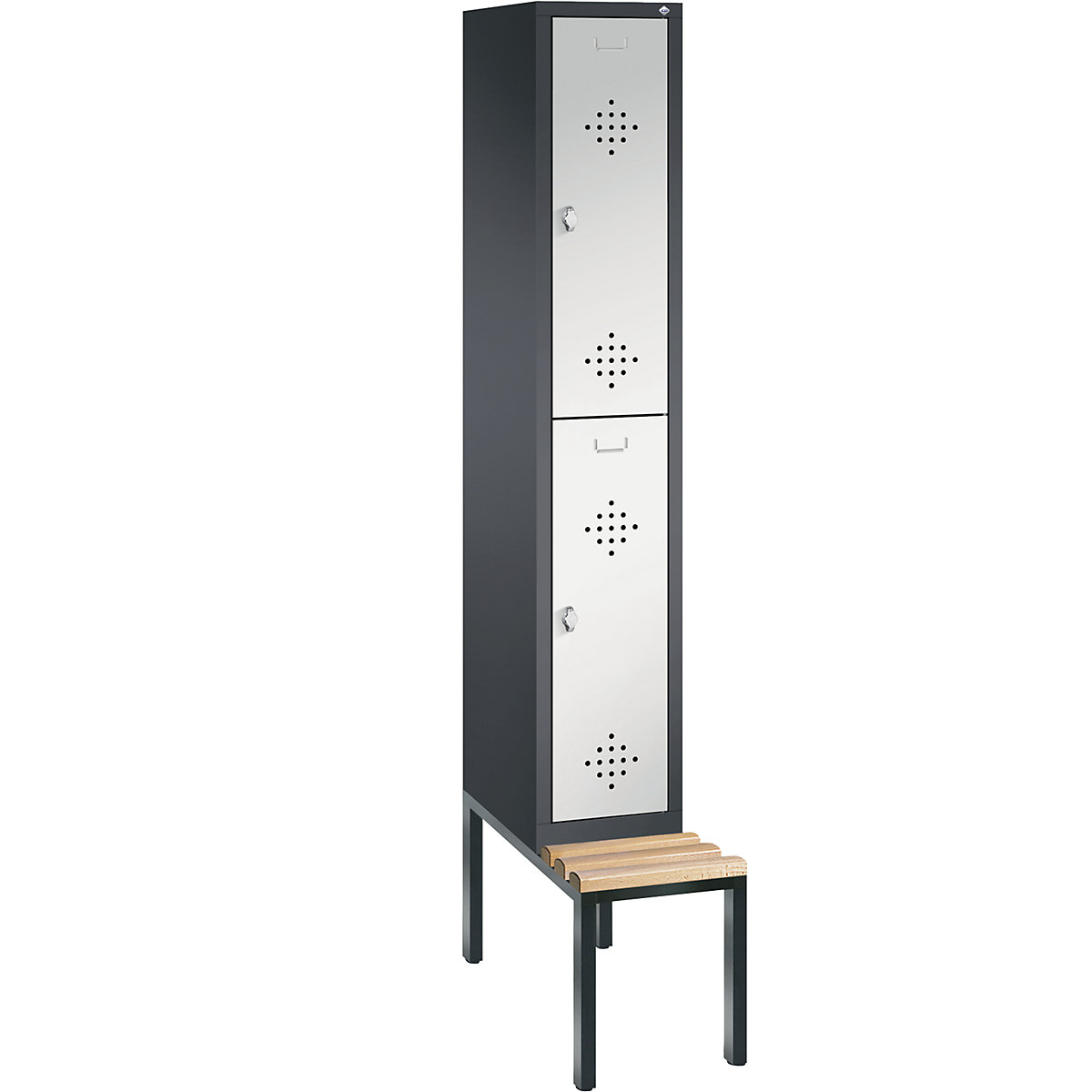 C+P – Armario guardarropa CLASSIC con banco integrado debajo, de dos pisos, 1 módulo, cada uno con 2 compartimentos, anchura de módulo 300 mm, gris negruzco / gris luminoso
