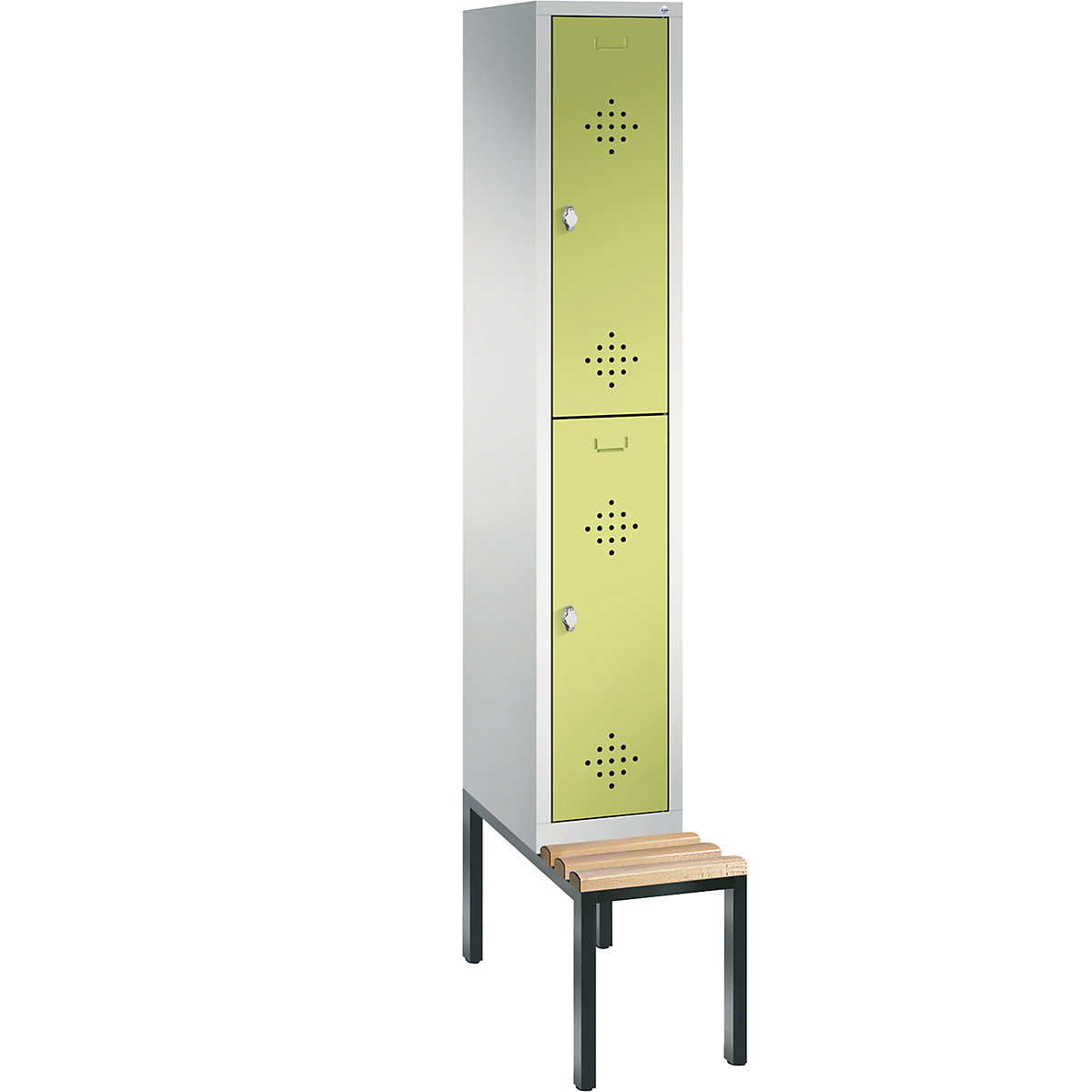 C+P – Armario guardarropa CLASSIC con banco integrado debajo, de dos pisos, 1 módulo, cada uno con 2 compartimentos, anchura de módulo 300 mm, gris luminoso / verde pistacho