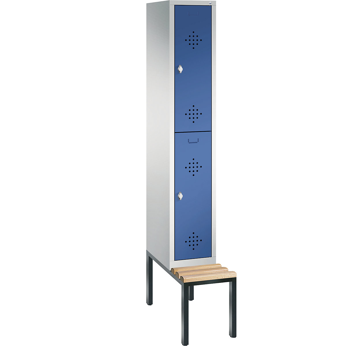 C+P – Armario guardarropa CLASSIC con banco integrado debajo, de dos pisos, 1 módulo, cada uno con 2 compartimentos, anchura de módulo 300 mm, gris luminoso / azul genciana