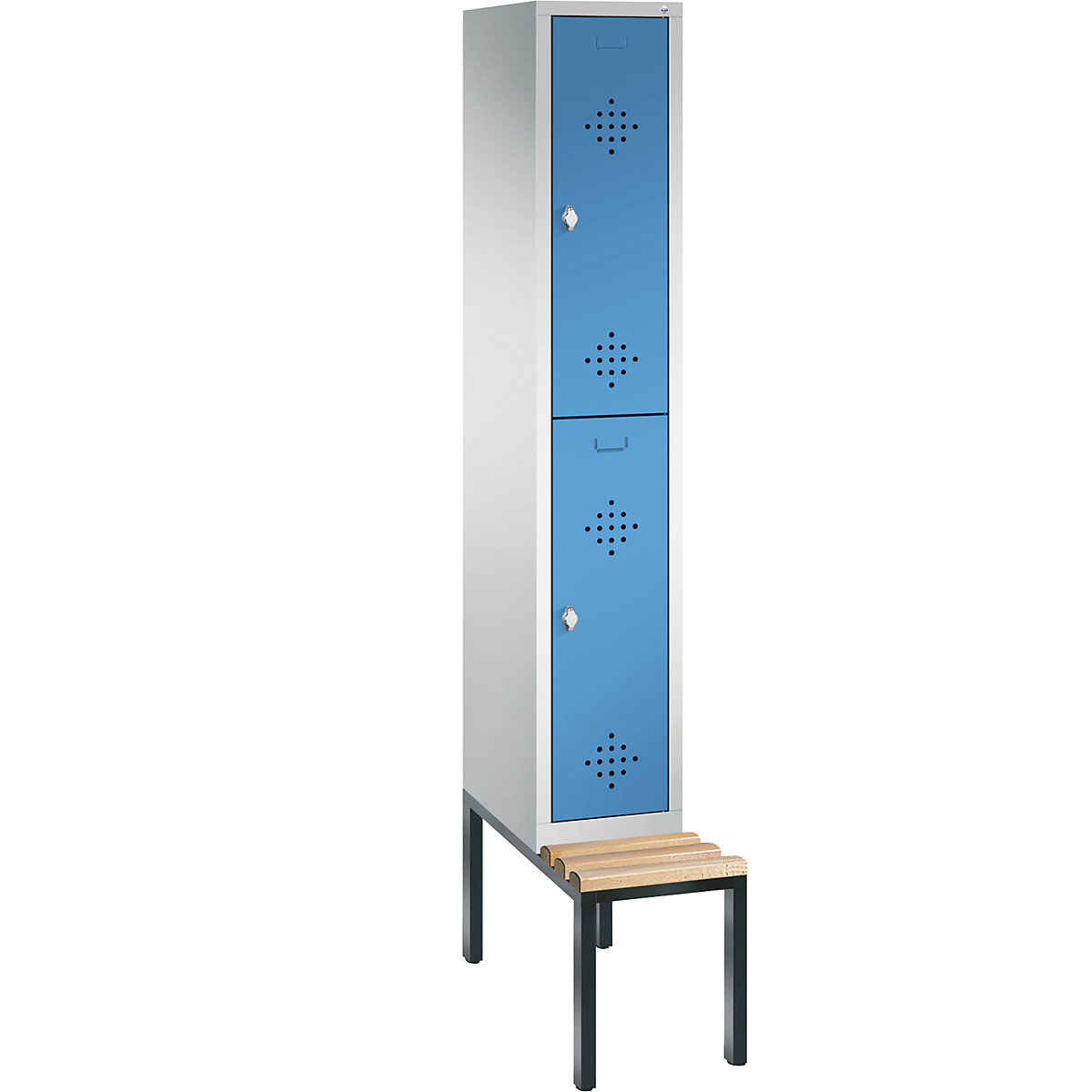 C+P – Armario guardarropa CLASSIC con banco integrado debajo, de dos pisos, 1 módulo, cada uno con 2 compartimentos, anchura de módulo 300 mm, gris luminoso / azul luminoso