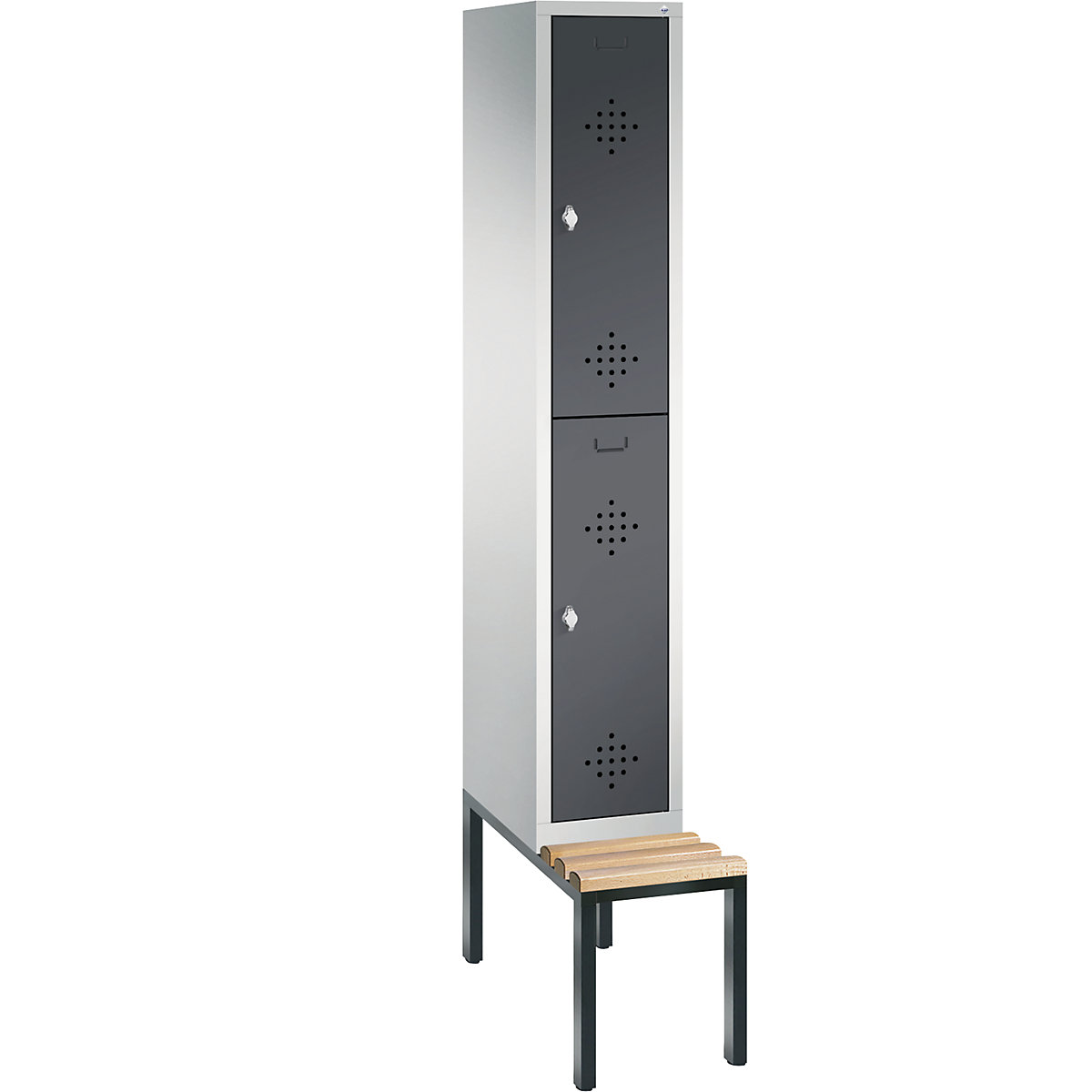 C+P – Armario guardarropa CLASSIC con banco integrado debajo, de dos pisos, 1 módulo, cada uno con 2 compartimentos, anchura de módulo 300 mm, gris luminoso / gris negruzco