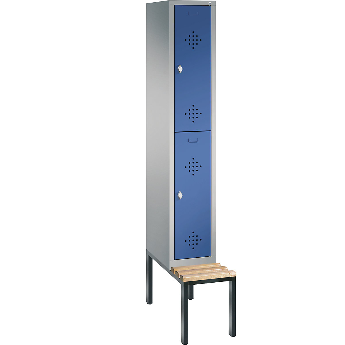 C+P – Armario guardarropa CLASSIC con banco integrado debajo, de dos pisos, 1 módulo, cada uno con 2 compartimentos, anchura de módulo 300 mm, aluminio blanco / azul genciana