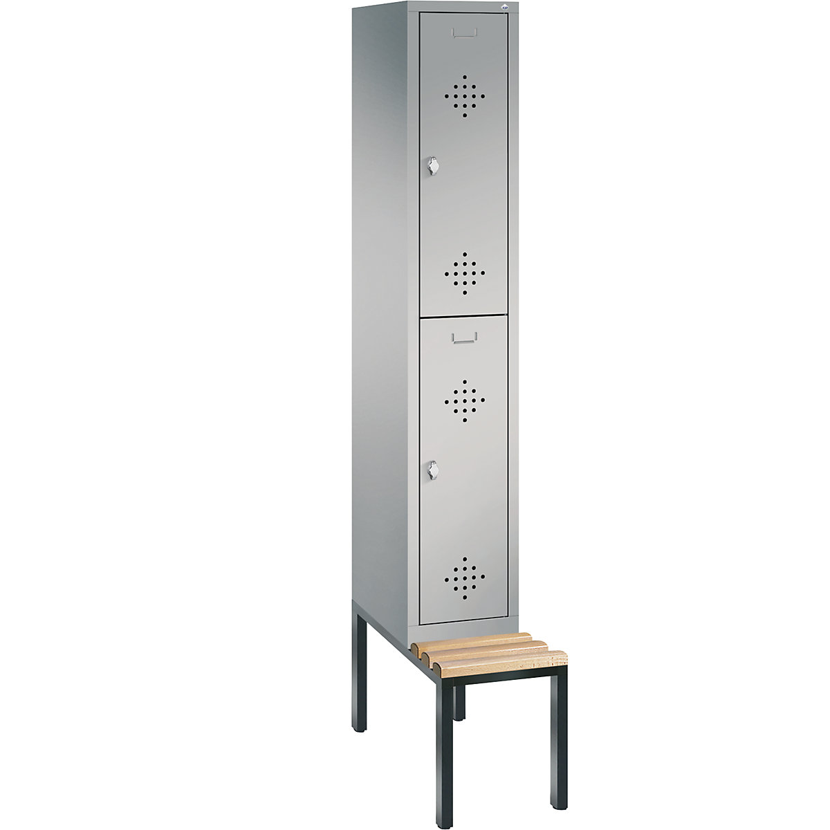 C+P – Armario guardarropa CLASSIC con banco integrado debajo, de dos pisos, 1 módulo, cada uno con 2 compartimentos, anchura de módulo 300 mm, aluminio blanco