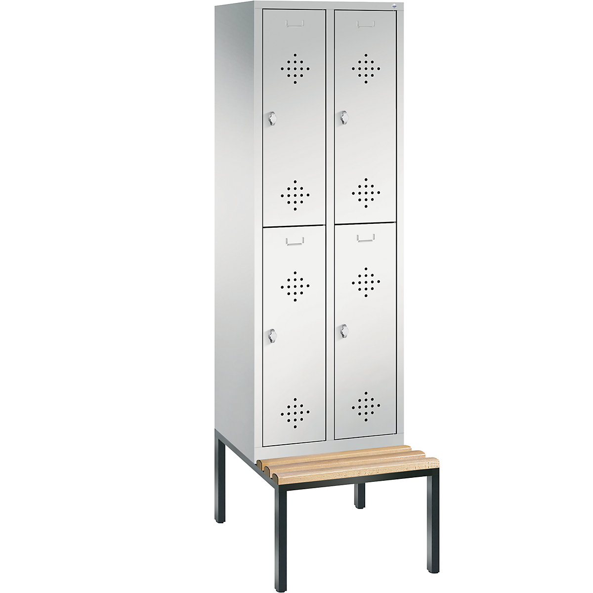 C+P – Armario guardarropa CLASSIC con banco integrado debajo, de dos pisos, 2 módulos, cada uno con 2 compartimentos, anchura de módulo 300 mm, gris luminoso