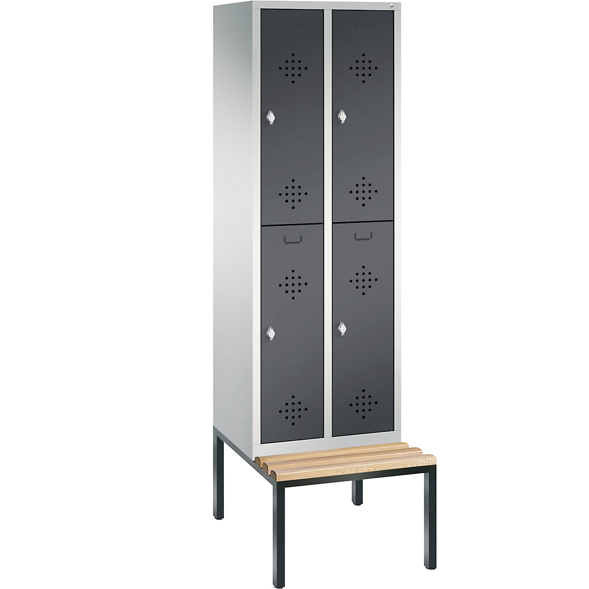 C+P – Armario guardarropa CLASSIC con banco integrado debajo, de dos pisos, 2 módulos, cada uno con 2 compartimentos, anchura de módulo 300 mm, gris luminoso / gris negruzco