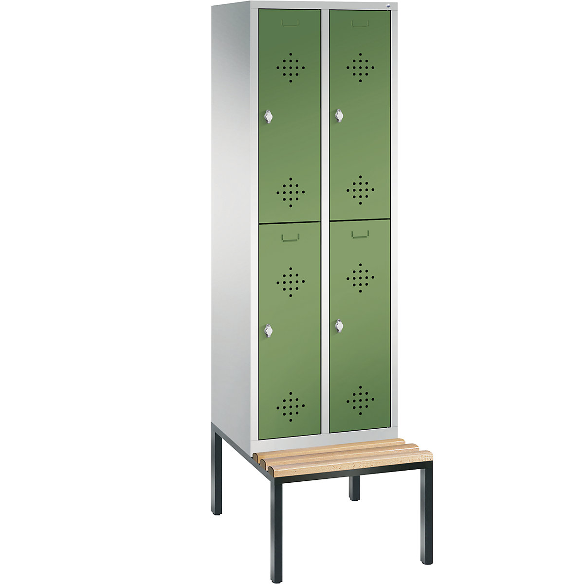 C+P – Armario guardarropa CLASSIC con banco integrado debajo, de dos pisos, 2 módulos, cada uno con 2 compartimentos, anchura de módulo 300 mm, gris luminoso / verde reseda
