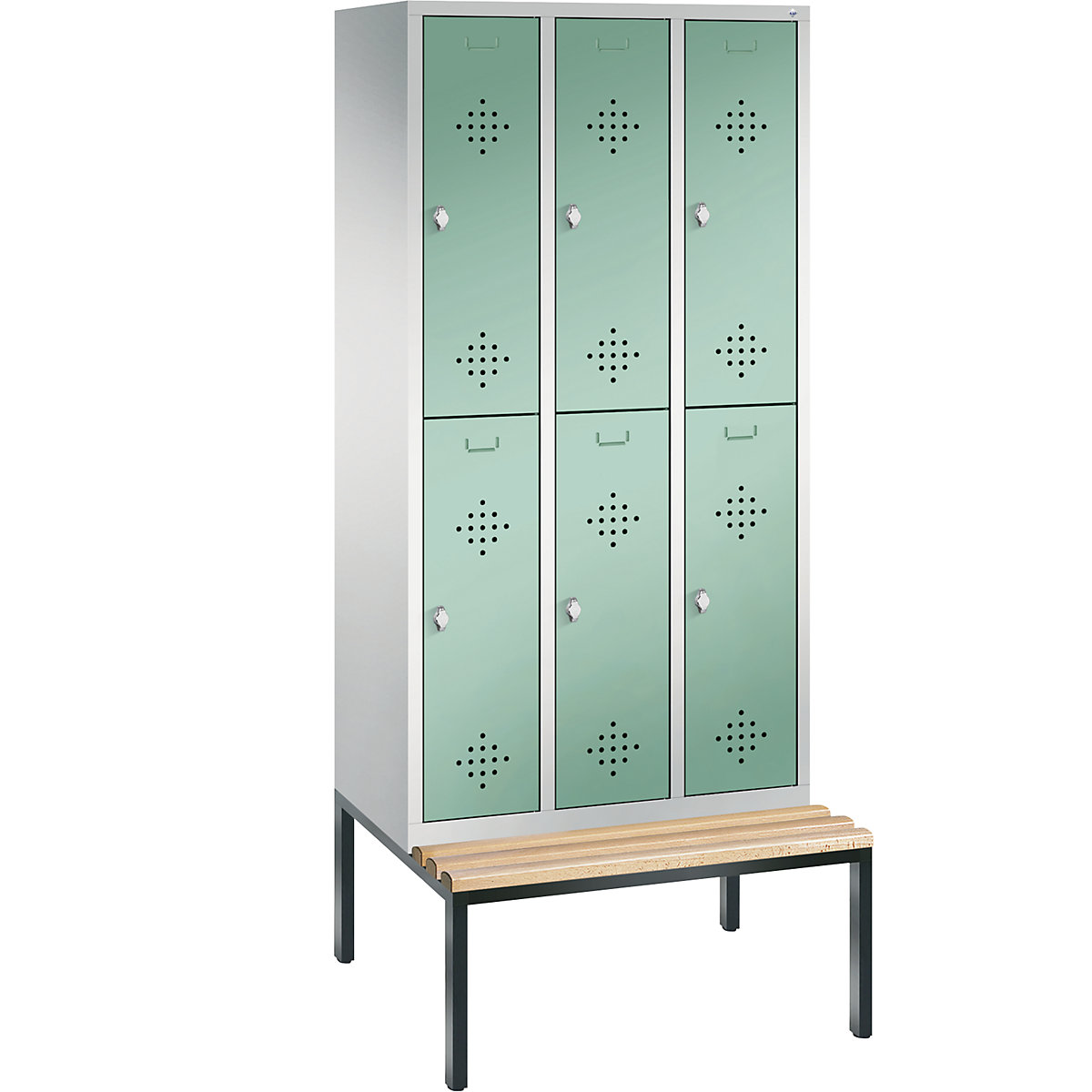 C+P – Armario guardarropa CLASSIC con banco integrado debajo, de dos pisos, 3 módulos, cada uno con 2 compartimentos, anchura de módulo 300 mm, gris luminoso / verde luminoso