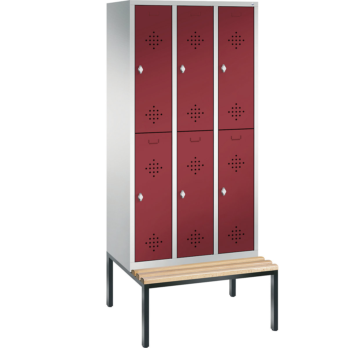 C+P – Armario guardarropa CLASSIC con banco integrado debajo, de dos pisos, 3 módulos, cada uno con 2 compartimentos, anchura de módulo 300 mm, gris luminoso / rojo rubí