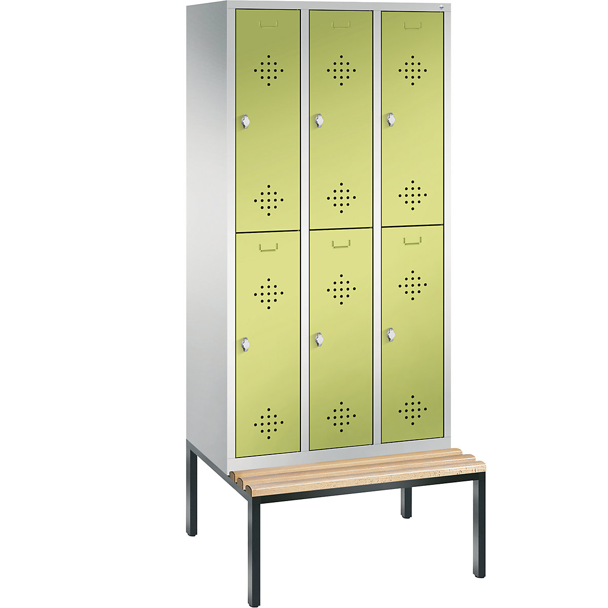 C+P – Armario guardarropa CLASSIC con banco integrado debajo, de dos pisos, 3 módulos, cada uno con 2 compartimentos, anchura de módulo 300 mm, gris luminoso / verde pistacho
