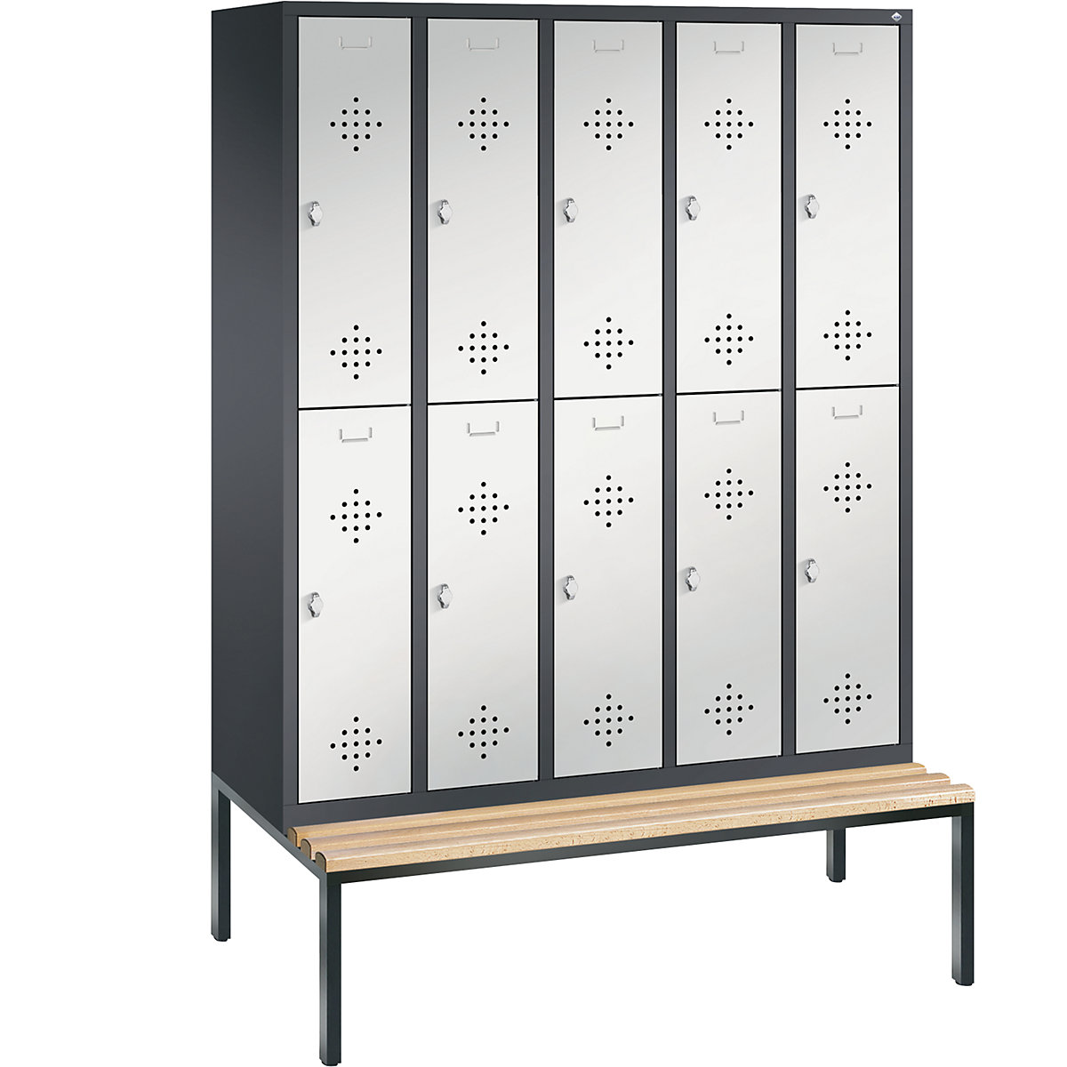 C+P – Armario guardarropa CLASSIC con banco integrado debajo, de dos pisos, 5 módulos, cada uno con 2 compartimentos, anchura de módulo 300 mm, gris negruzco / gris luminoso