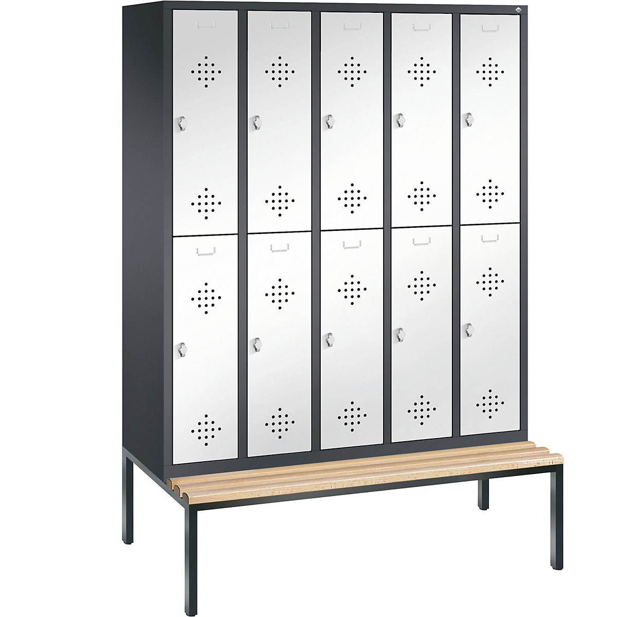 C+P – Armario guardarropa CLASSIC con banco integrado debajo, de dos pisos, 5 módulos, cada uno con 2 compartimentos, anchura de módulo 300 mm, gris negruzco / blanco tráfico