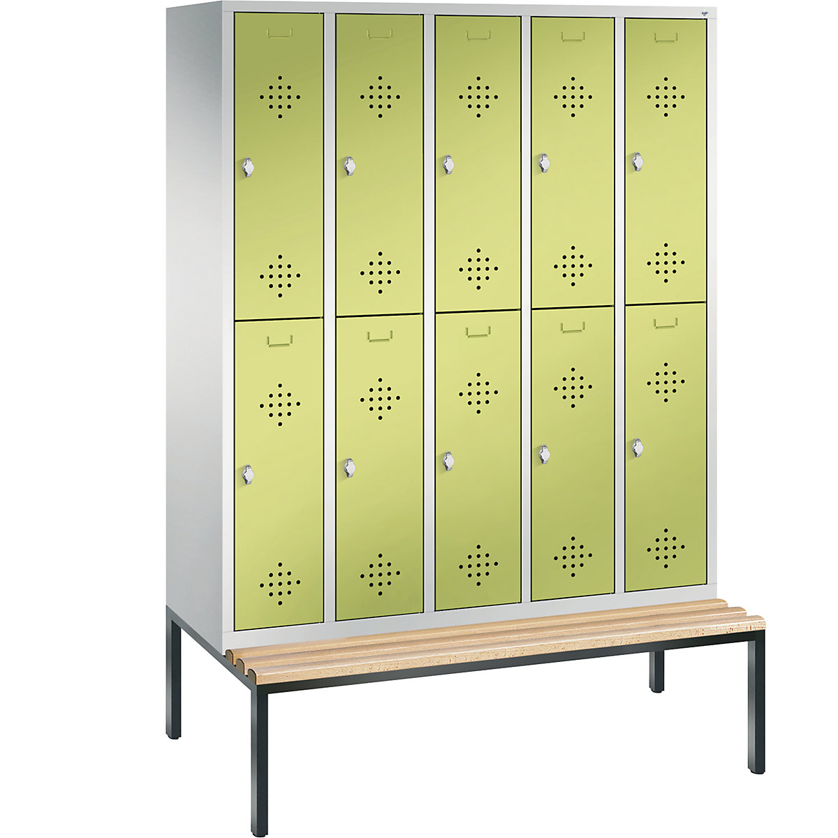C+P – Armario guardarropa CLASSIC con banco integrado debajo, de dos pisos, 5 módulos, cada uno con 2 compartimentos, anchura de módulo 300 mm, gris luminoso / verde pistacho