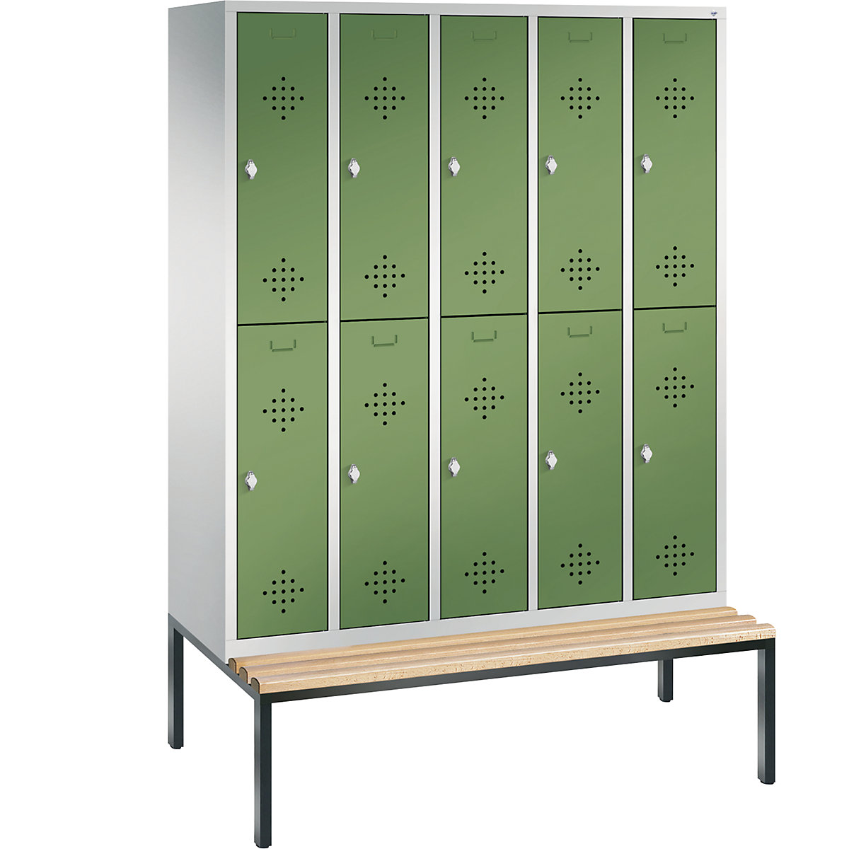 C+P – Armario guardarropa CLASSIC con banco integrado debajo, de dos pisos, 5 módulos, cada uno con 2 compartimentos, anchura de módulo 300 mm, gris luminoso / verde reseda