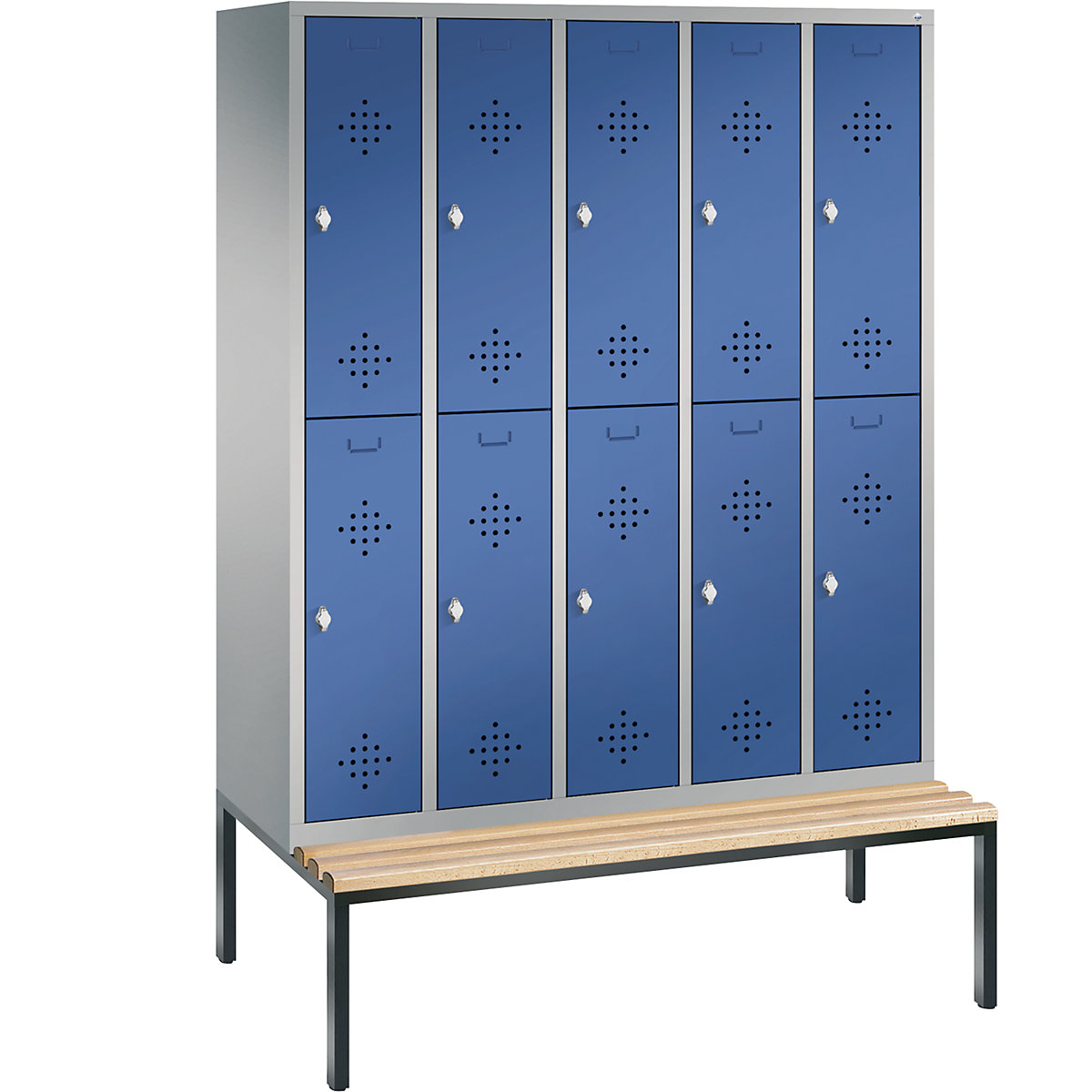 C+P – Armario guardarropa CLASSIC con banco integrado debajo, de dos pisos, 5 módulos, cada uno con 2 compartimentos, anchura de módulo 300 mm, aluminio blanco / azul genciana