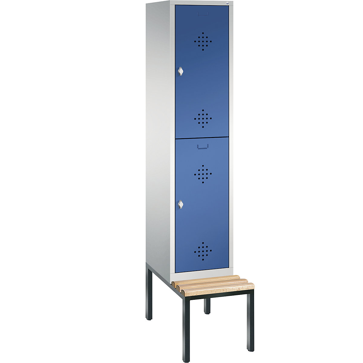 C+P – Armario guardarropa CLASSIC con banco integrado debajo, de dos pisos, 1 módulo, cada uno con 2 compartimentos, anchura de módulo 400 mm, gris luminoso / azul genciana