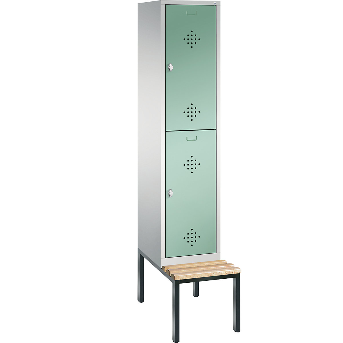 C+P – Armario guardarropa CLASSIC con banco integrado debajo, de dos pisos, 1 módulo, cada uno con 2 compartimentos, anchura de módulo 400 mm, gris luminoso / verde luminoso